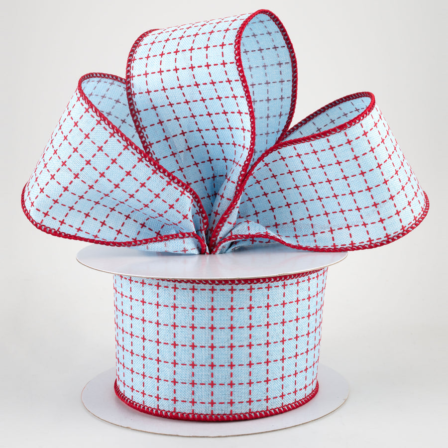 2.5" Stitched Squares Ribbon: Pale Blue & Red (10 Yards) Lifestyle Photo