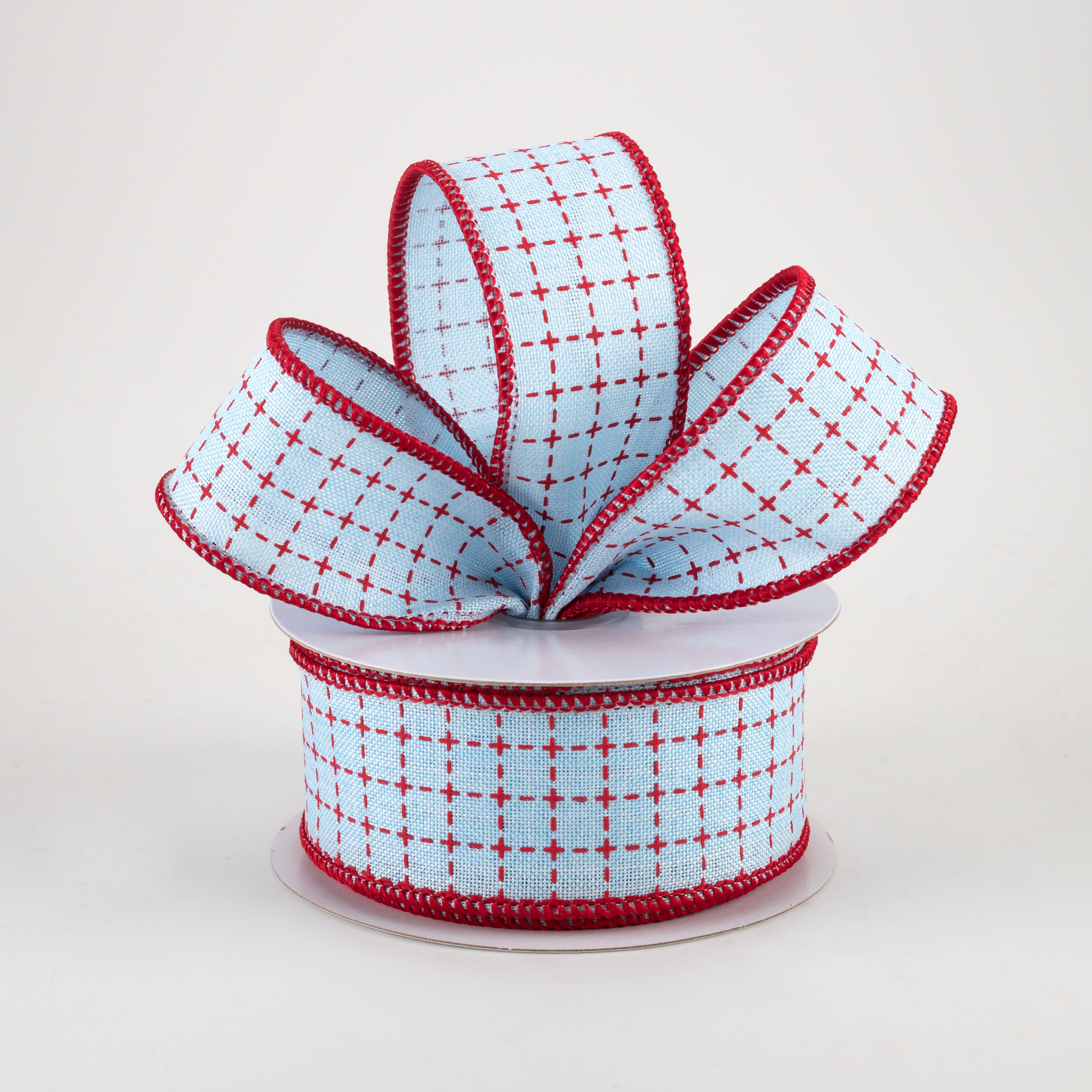 1.5" Stitched Squares Ribbon: Pale Blue & Red (10 Yards) Lifestyle Photo
