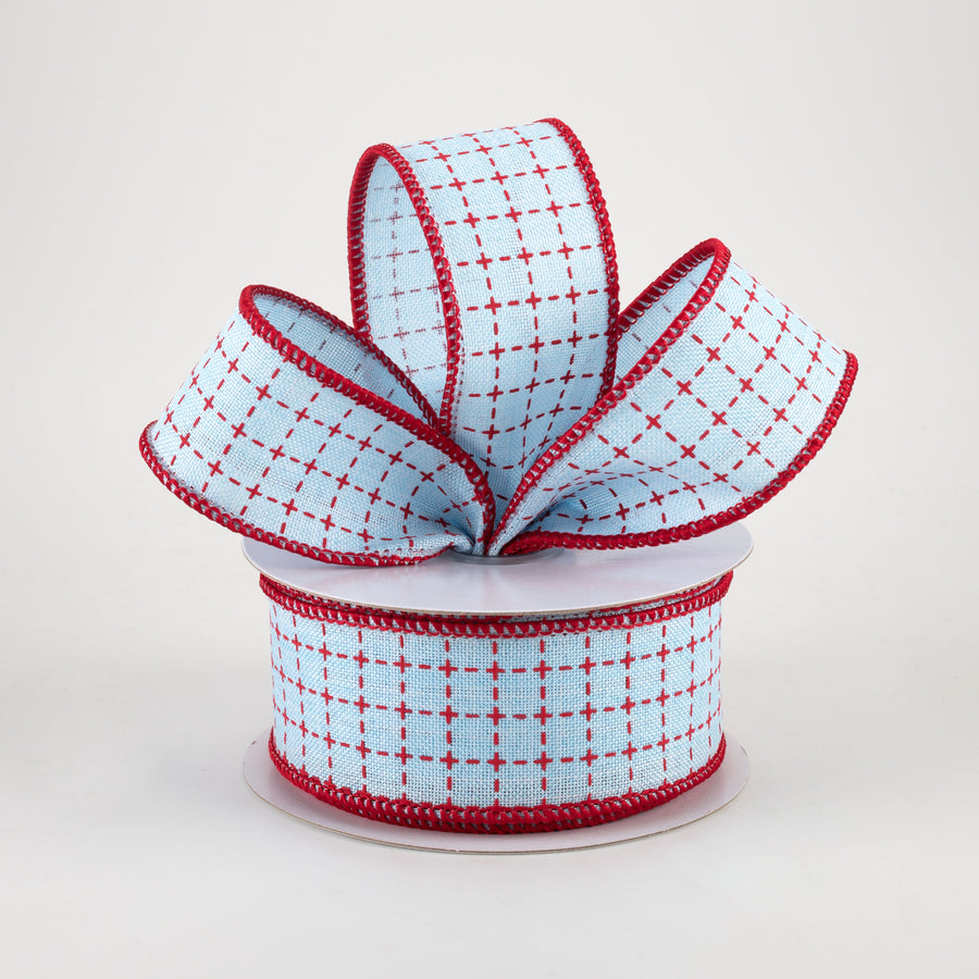 1.5" Stitched Squares Ribbon: Pale Blue & Red (10 Yards) Lifestyle Photo