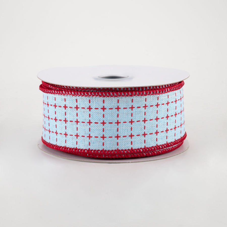 1.5" Stitched Squares Ribbon: Pale Blue & Red (10 Yards)