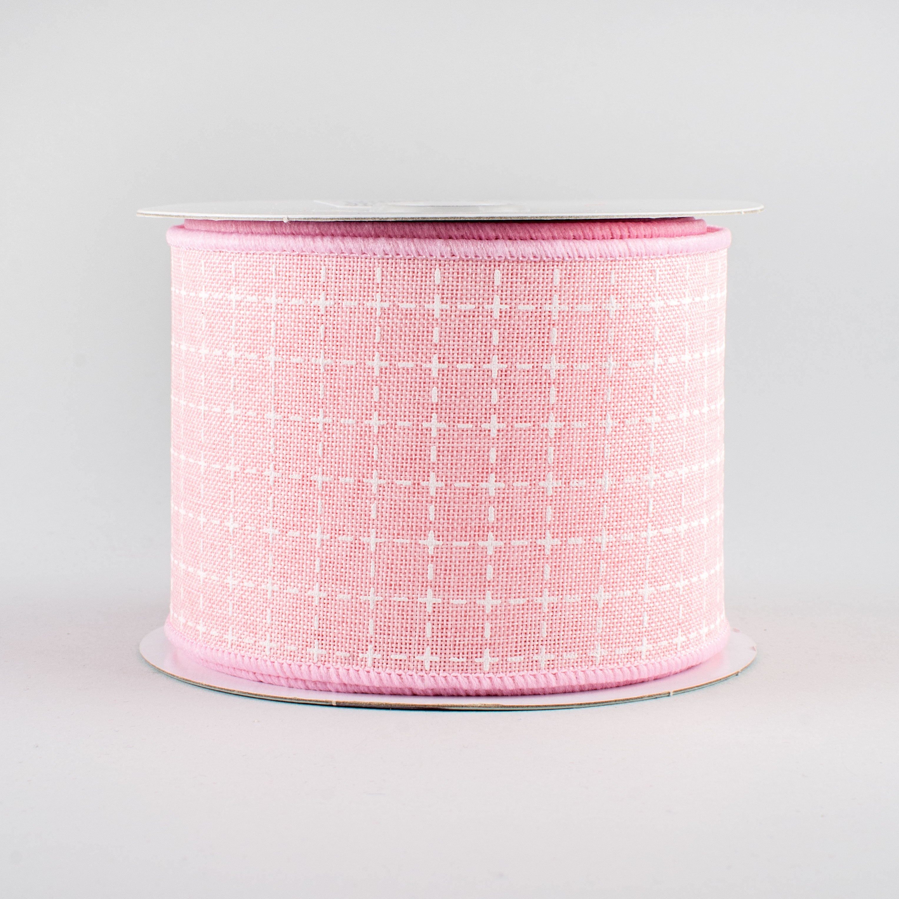 2.5" Stitched Squares Ribbon: Pale Pink & White (10 Yards)
