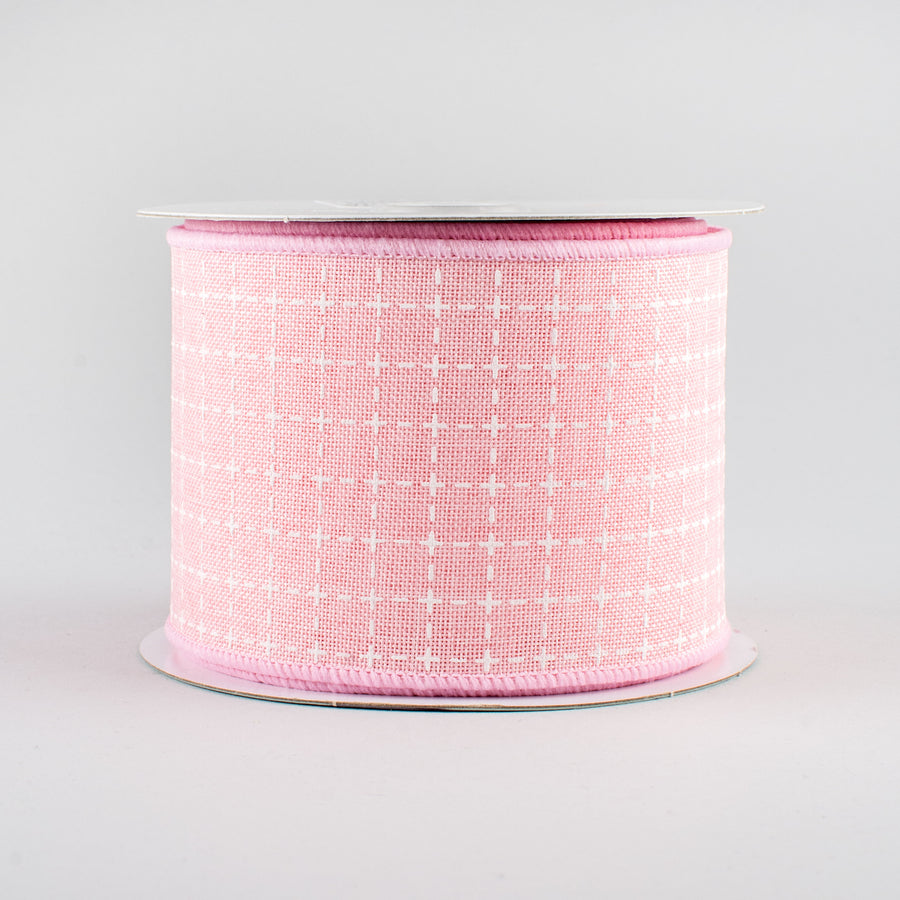 2.5" Stitched Squares Ribbon: Pale Pink & White (10 Yards)