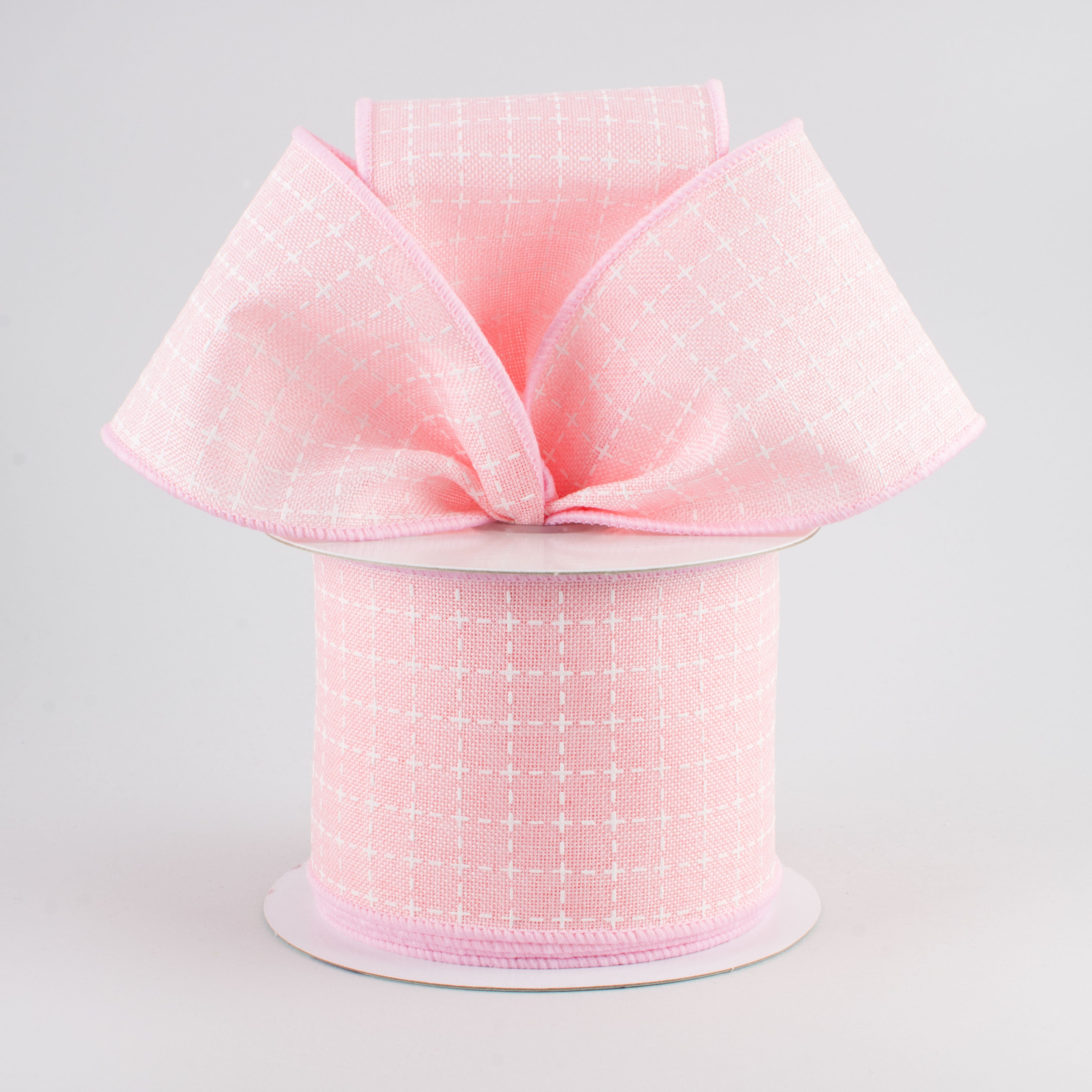 2.5" Stitched Squares Ribbon: Pale Pink & White (10 Yards) Lifestyle Photo