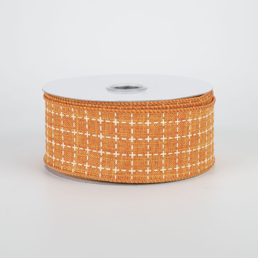 1.5" Stitched Squares Ribbon: Pumpkin Orange & Cream (10 Yards)