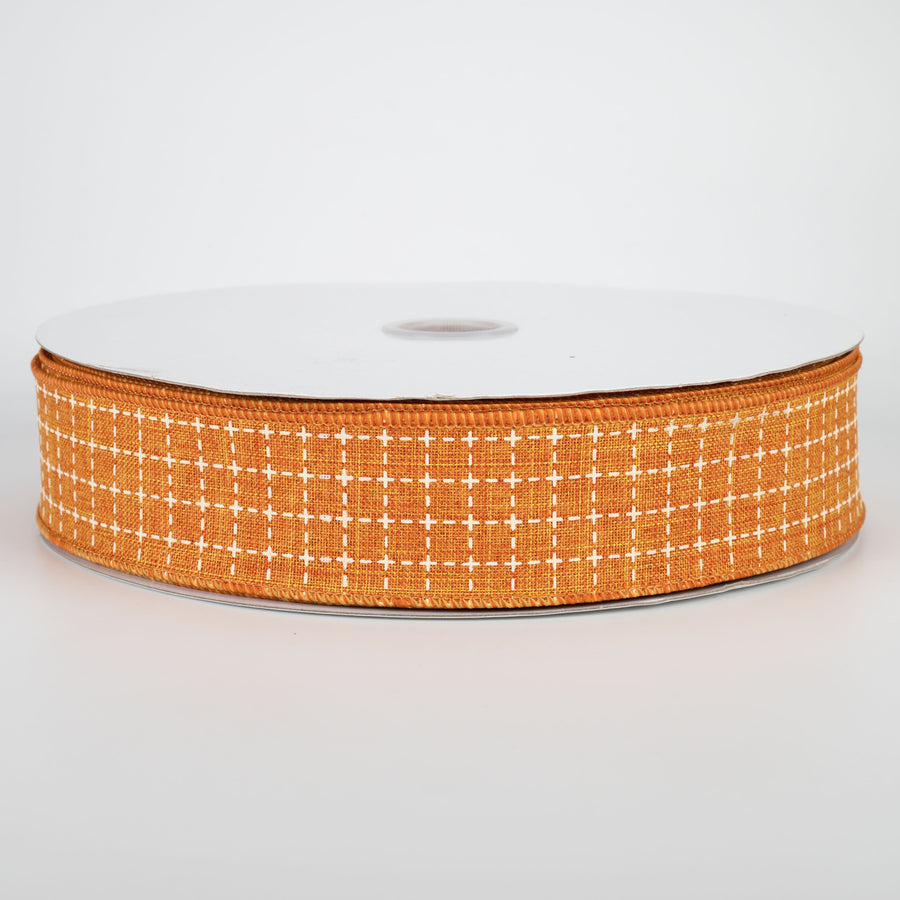 1.5" Stitched Squares Ribbon: Pumpkin Orange & Cream (50 Yards)