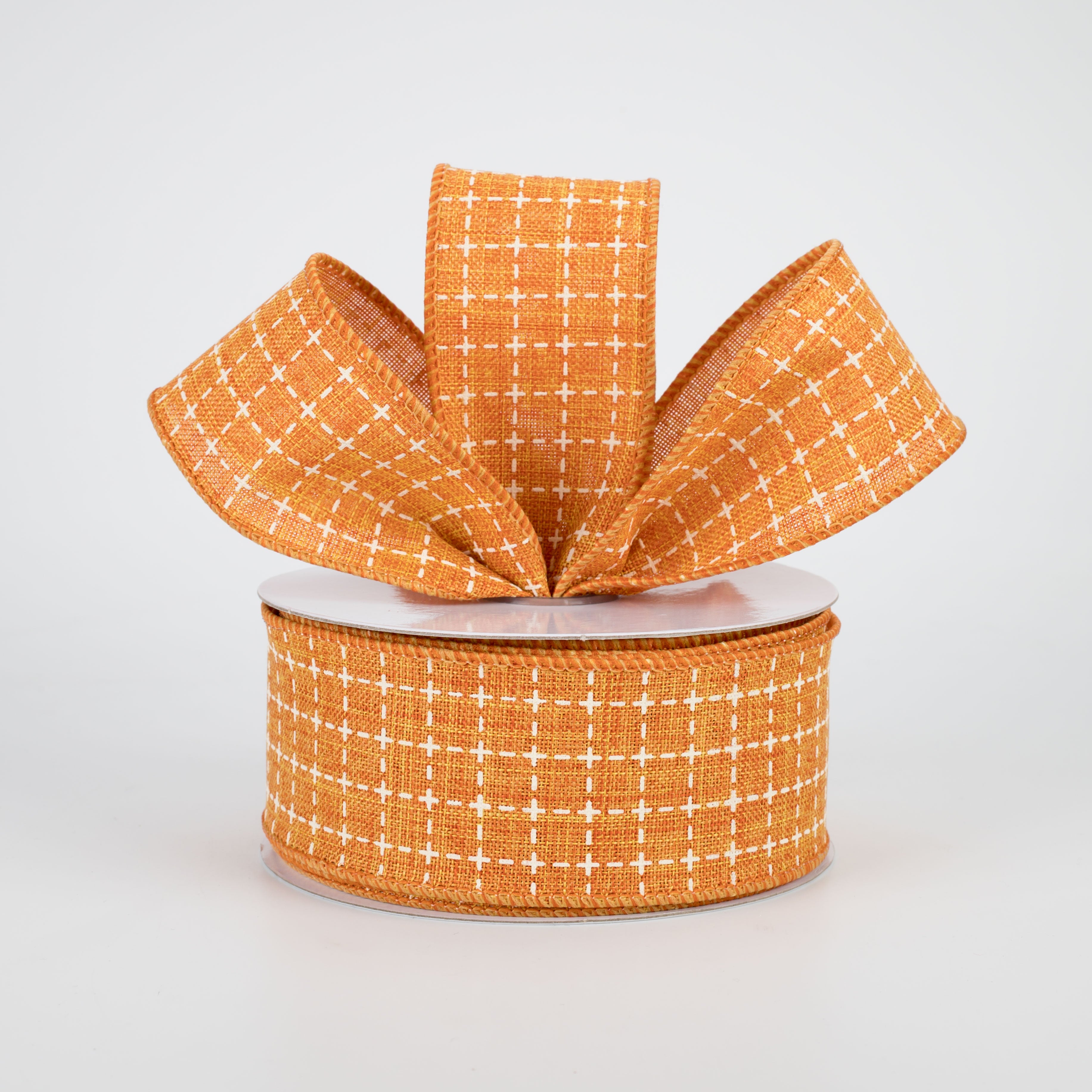 1.5" Stitched Squares Ribbon: Pumpkin Orange & Cream (10 Yards) Lifestyle Photo