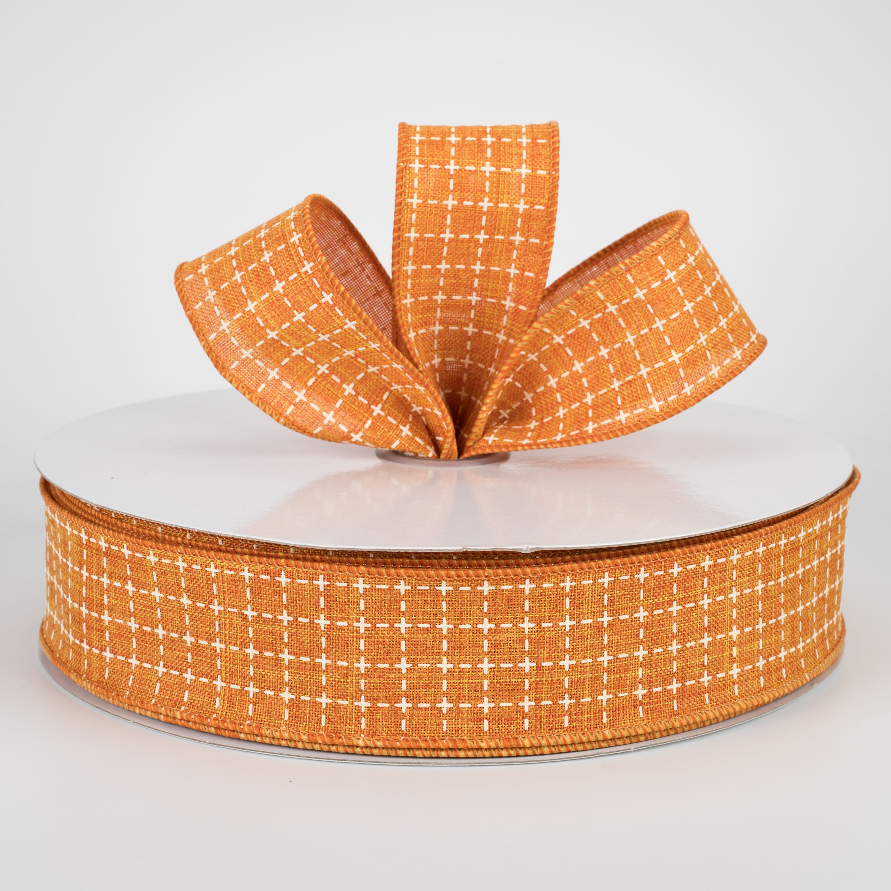 1.5" Stitched Squares Ribbon: Pumpkin Orange & Cream (50 Yards) Lifestyle Photo