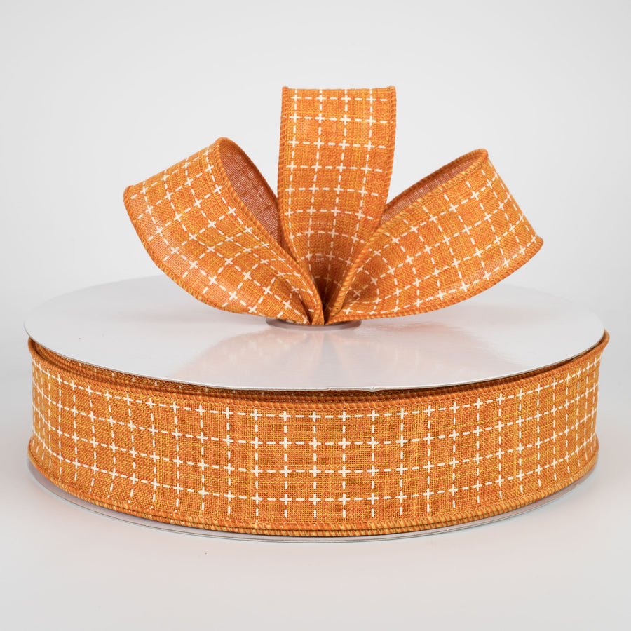 1.5" Stitched Squares Ribbon: Pumpkin Orange & Cream (50 Yards) Lifestyle Photo