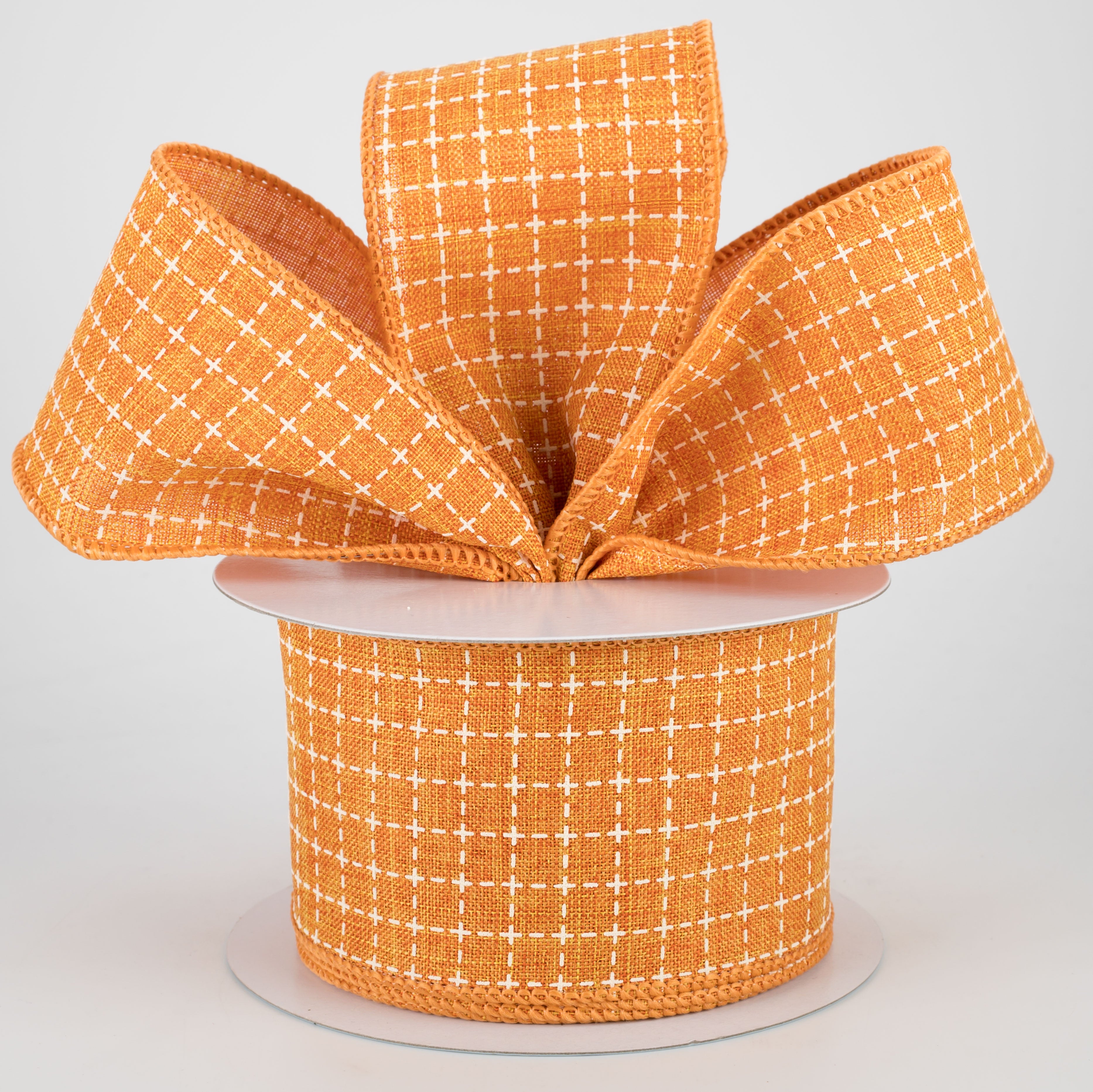 2.5" Stitched Squares Ribbon: Pumpkin Orange & Cream (10 Yards) Lifestyle Photo