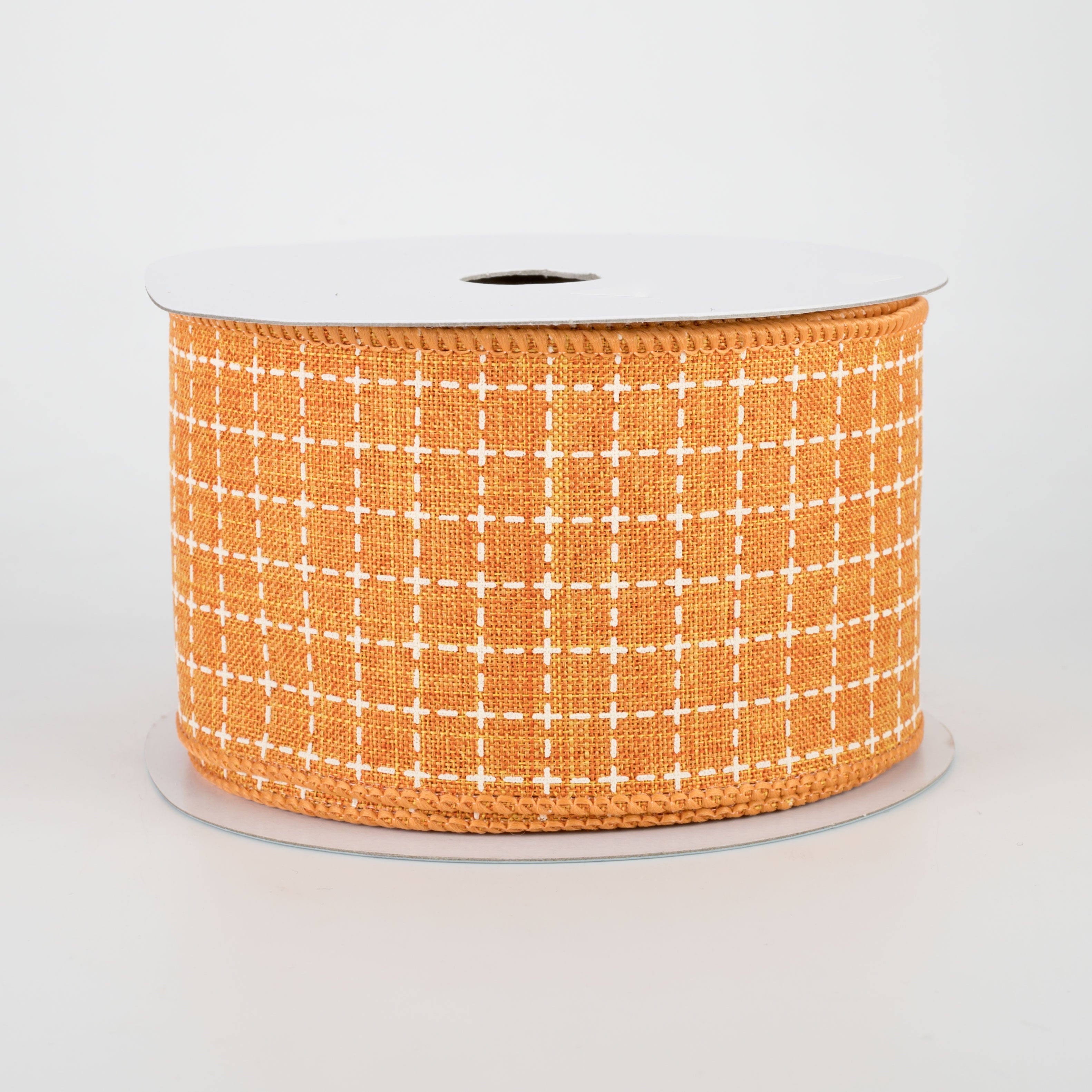 2.5" Stitched Squares Ribbon: Pumpkin Orange & Cream (10 Yards)