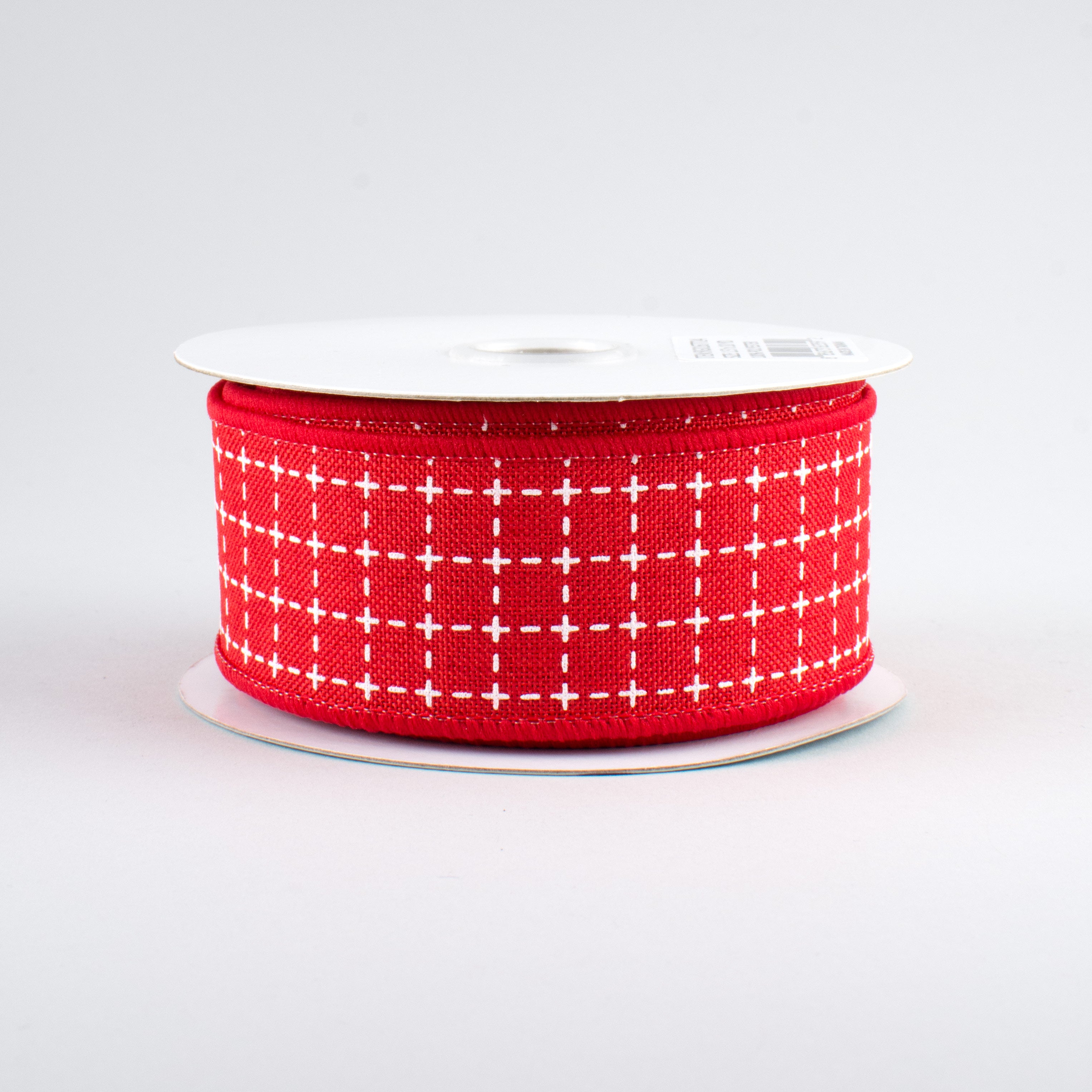 1.5" Stitched Squares Ribbon: Red & White (10 Yards)