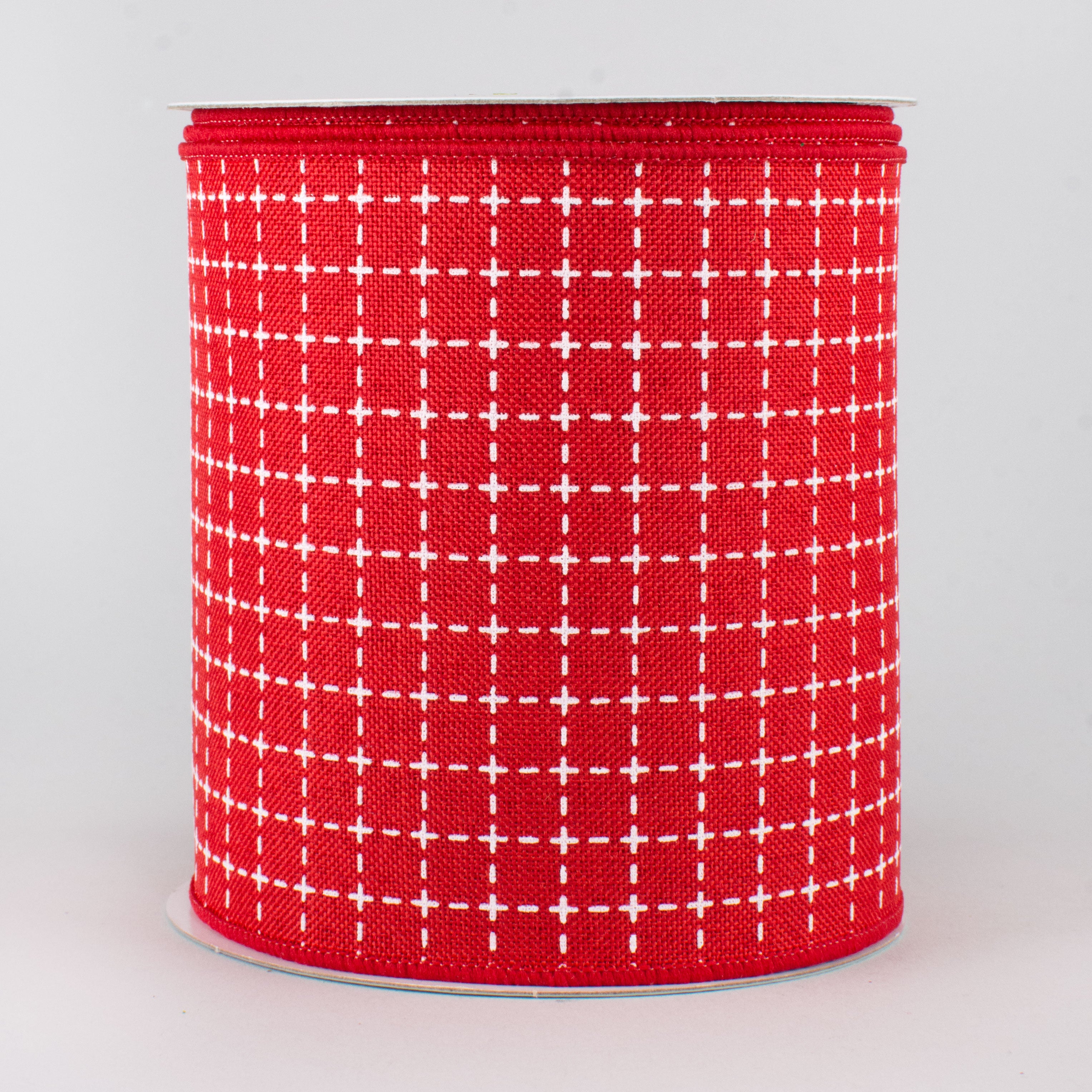 4" Stitched Squares Ribbon: Red & White (10 Yards)