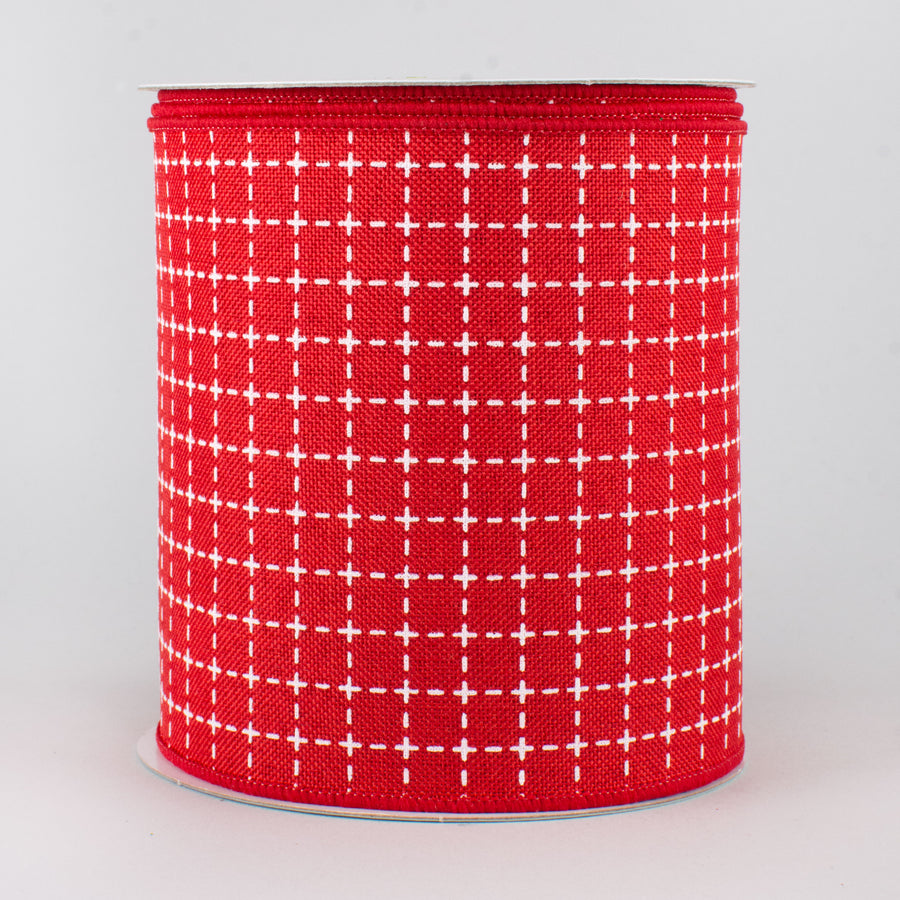 4" Stitched Squares Ribbon: Red & White (10 Yards)