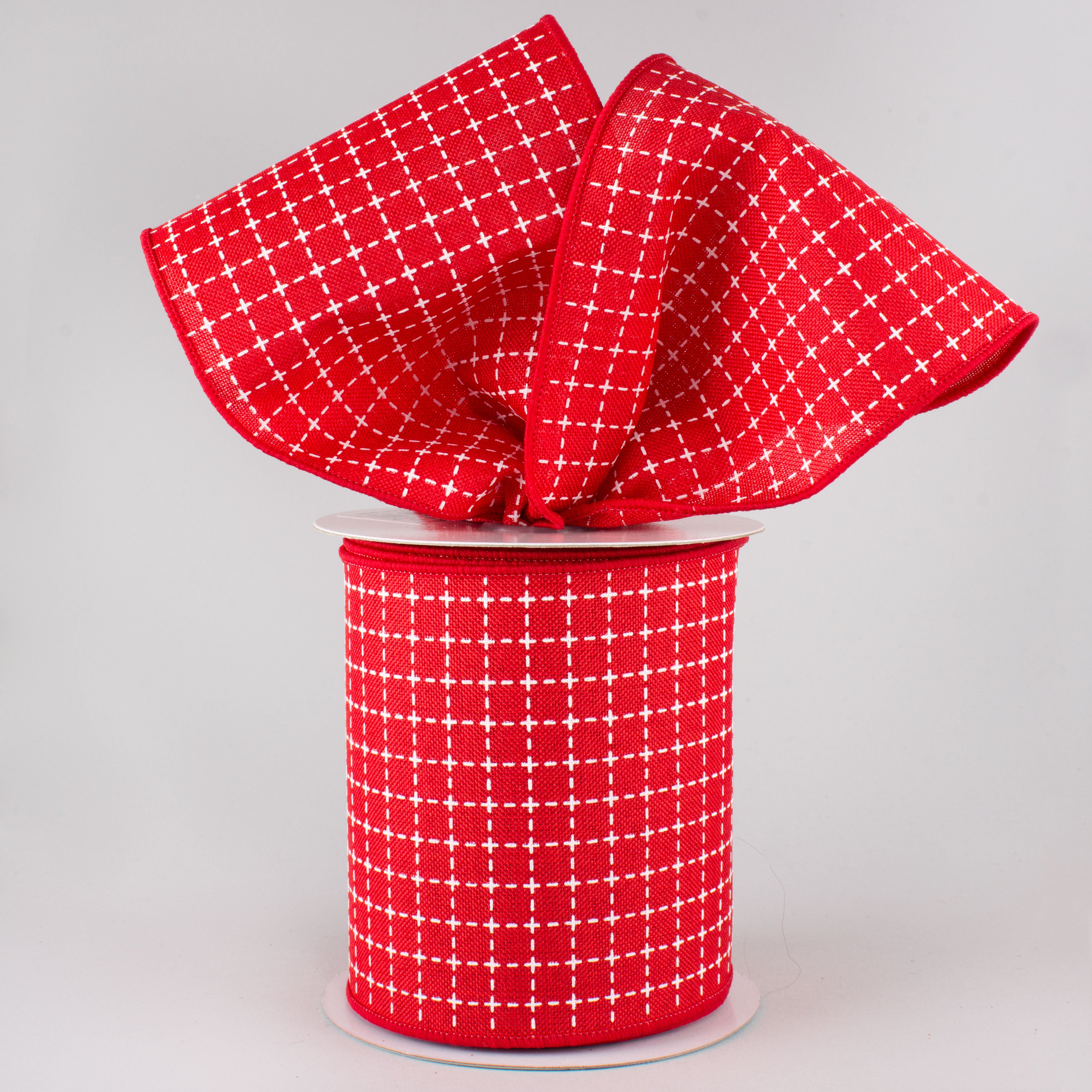 4" Stitched Squares Ribbon: Red & White (10 Yards) Lifestyle Photo
