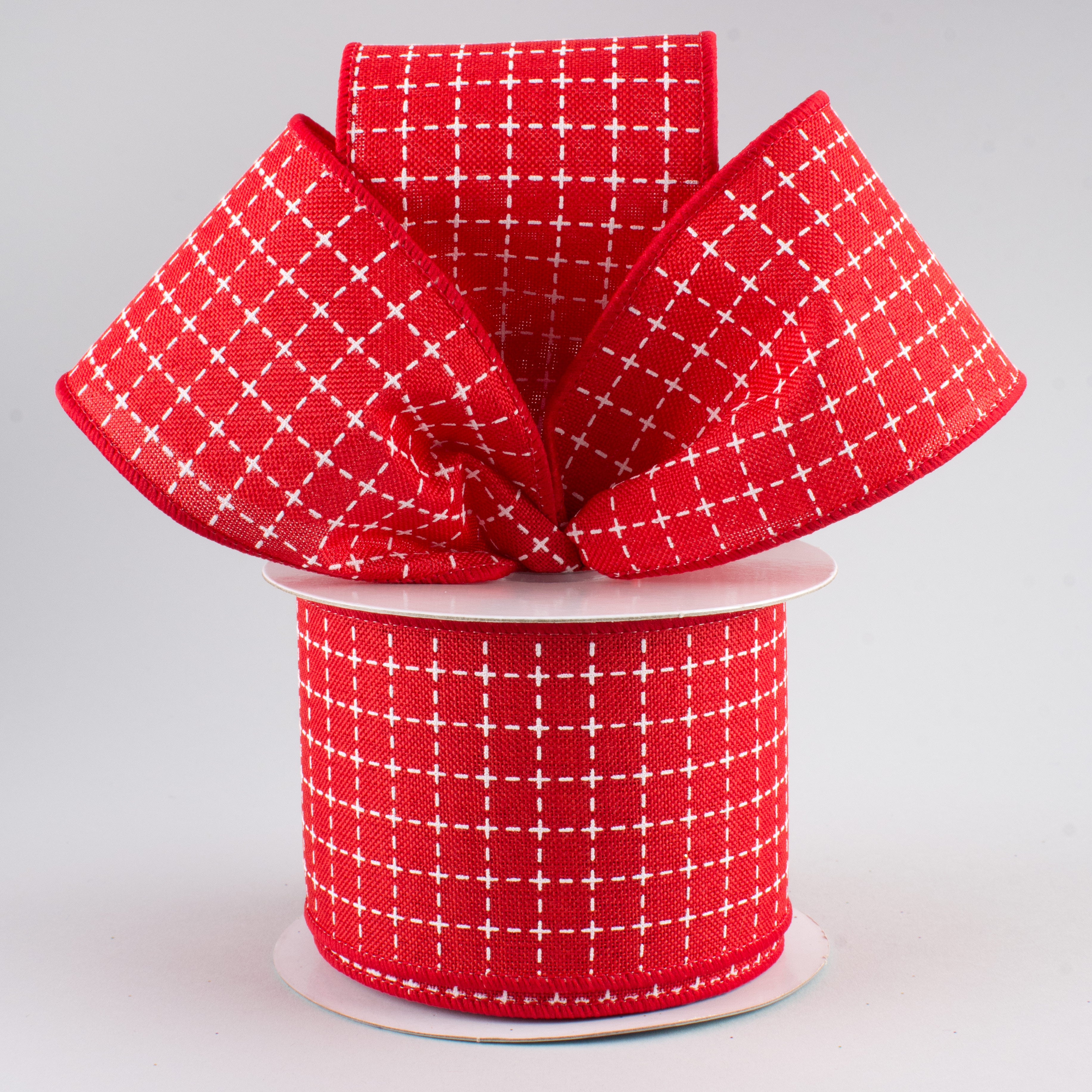 2.5" Stitched Squares Ribbon: Red & White (10 Yards) Lifestyle Photo