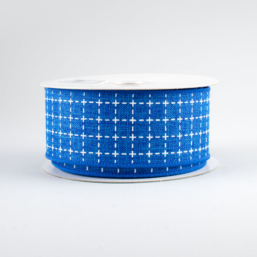 1.5" Stitched Squares Ribbon: Royal Blue & White (10 Yards)