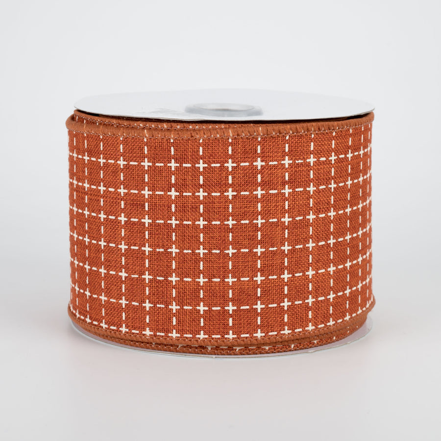 2.5" Stitched Squares Ribbon: Rust & Cream (10 Yards)