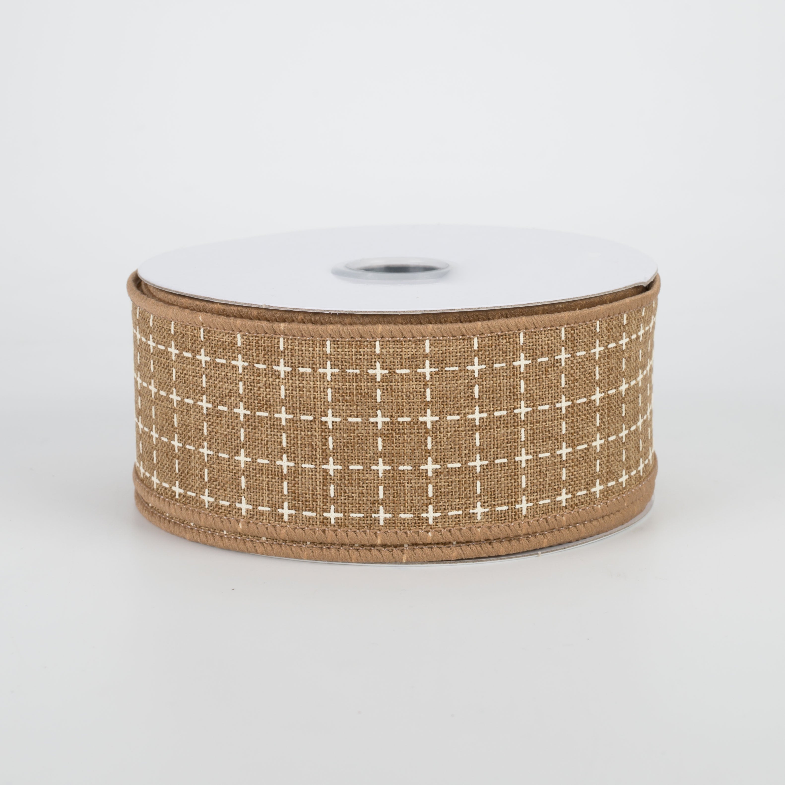 1.5" Stitched Squares Ribbon: Tan & Cream (10 Yards)
