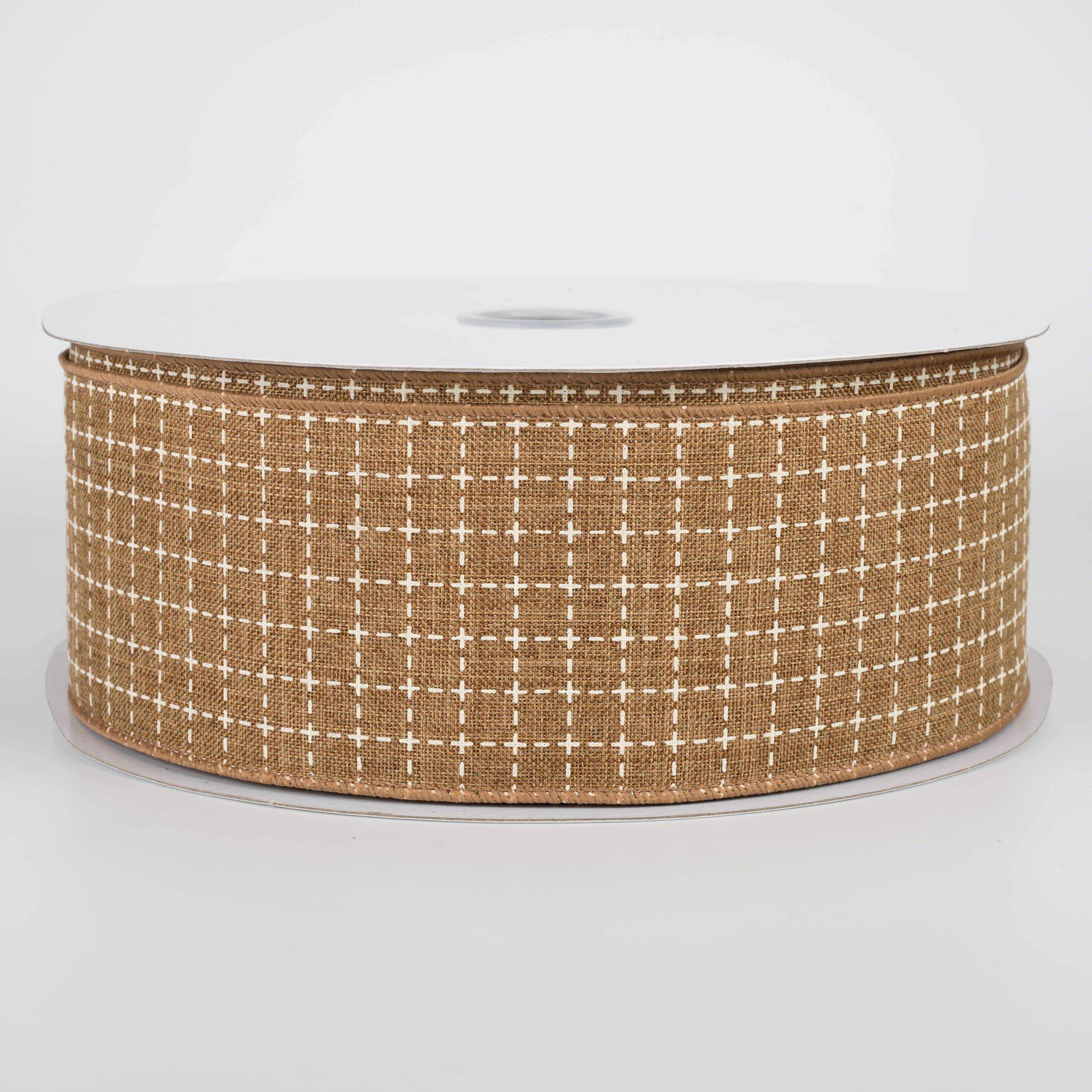 2.5" Stitched Squares Ribbon: Tan & Cream (50 Yards)