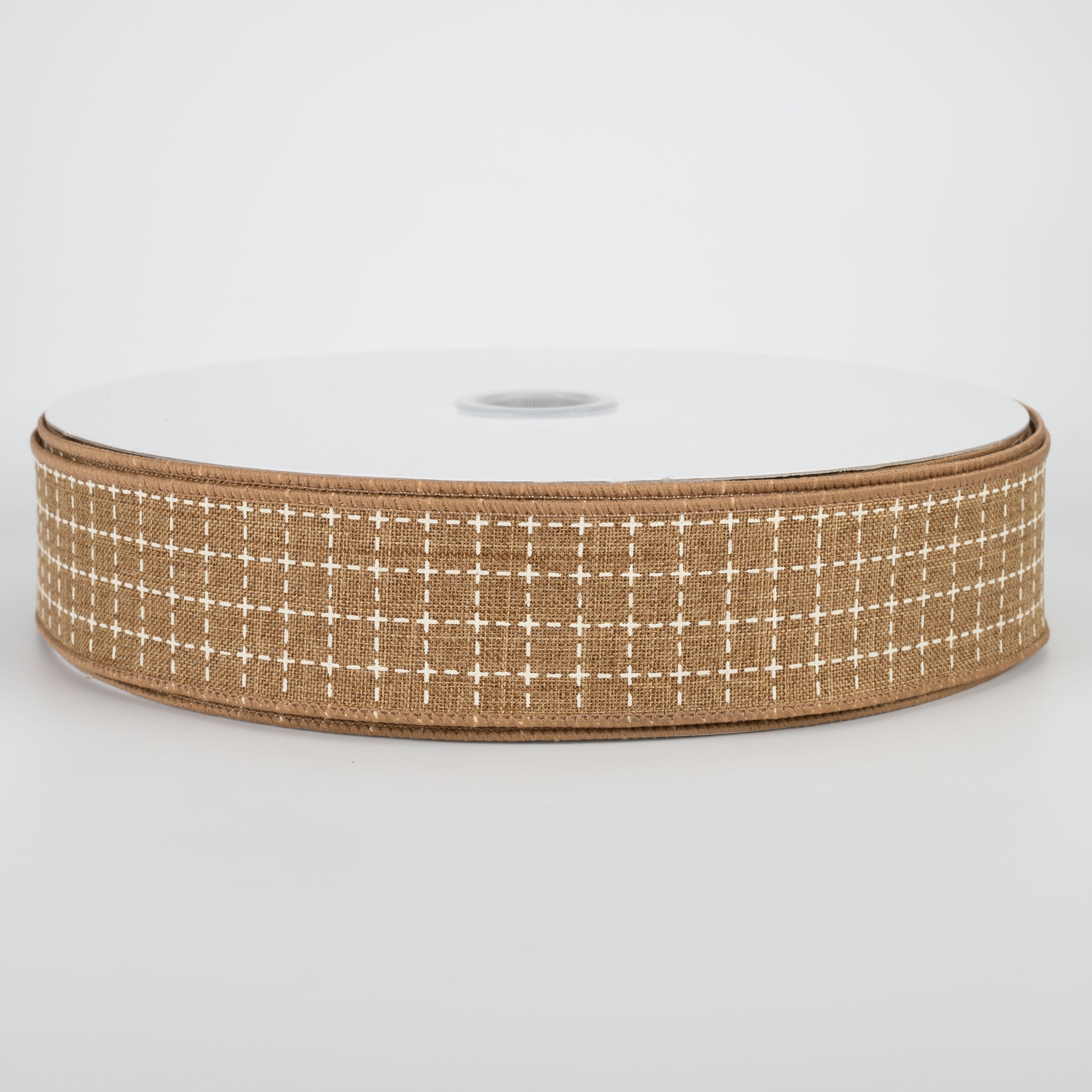 1.5" Stitched Squares Ribbon: Tan & Cream (50 Yards)