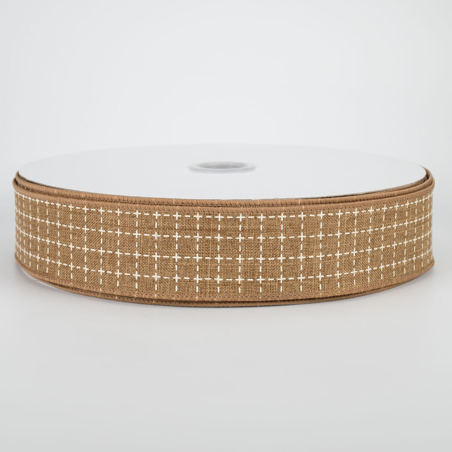 1.5" Stitched Squares Ribbon: Tan & Cream (50 Yards)
