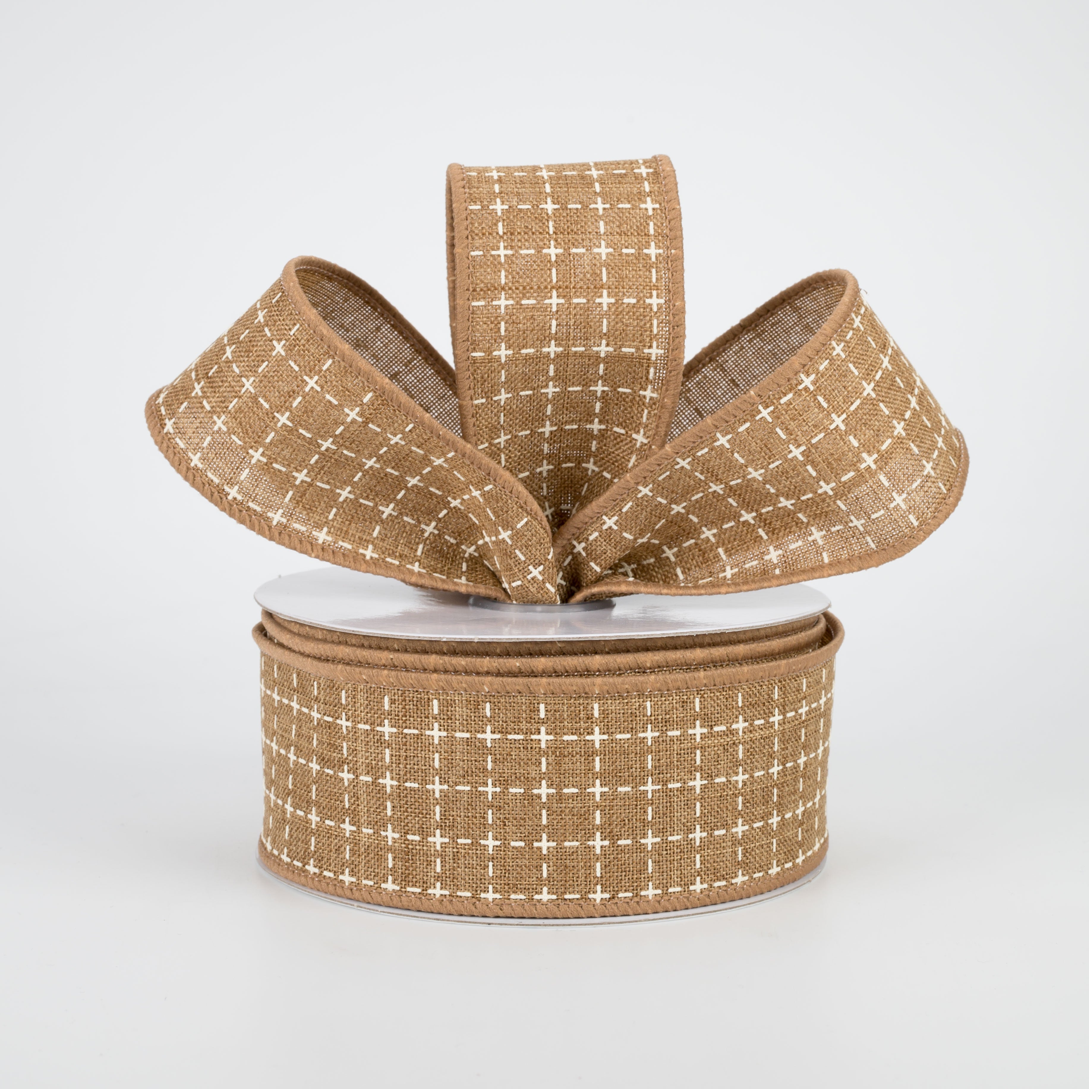 1.5" Stitched Squares Ribbon: Tan & Cream (10 Yards) Lifestyle Photo