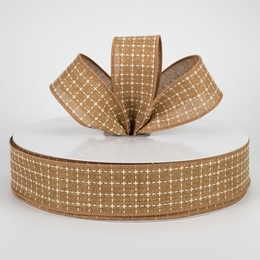 1.5" Stitched Squares Ribbon: Tan & Cream (50 Yards) Lifestyle Photo