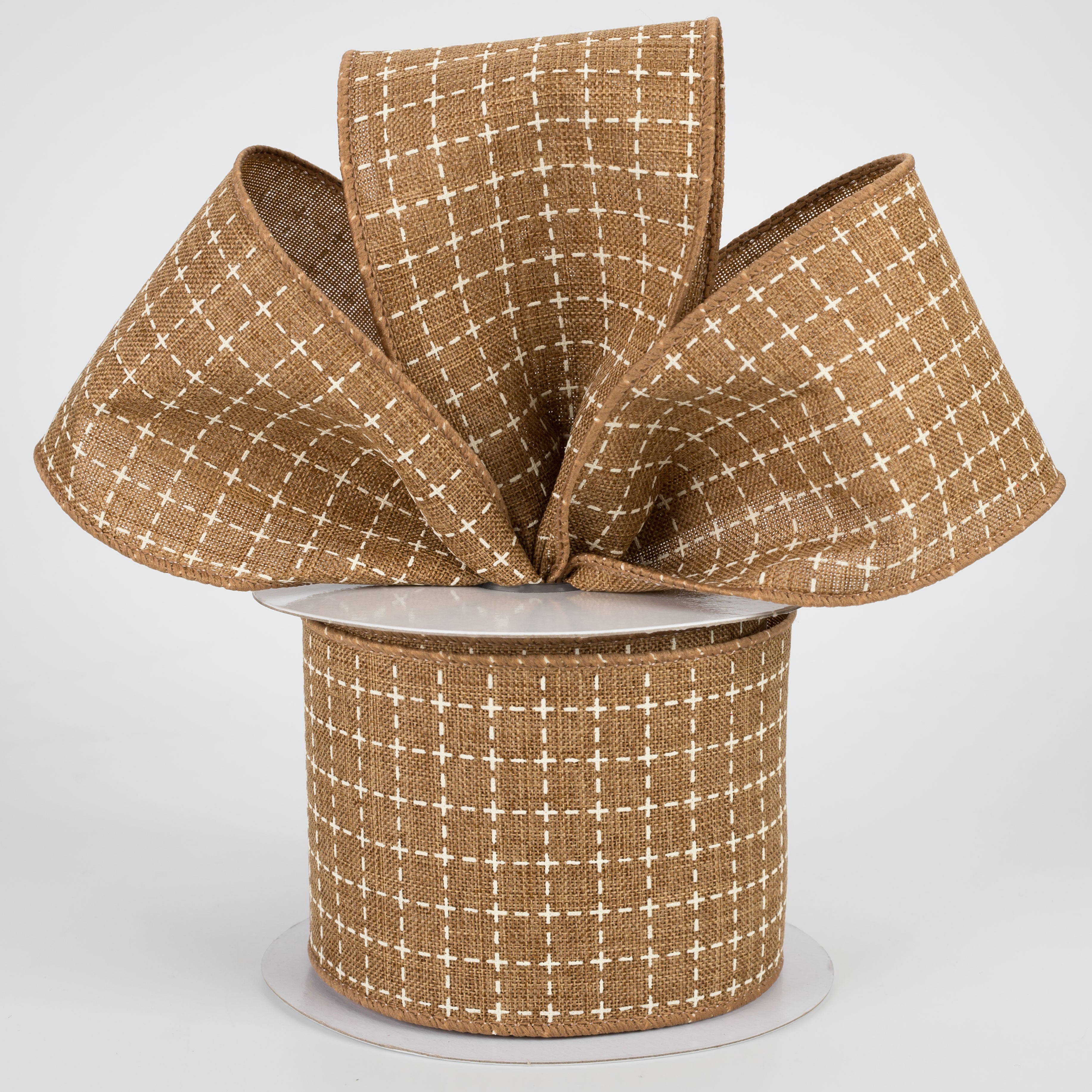 2.5" Stitched Squares Ribbon: Tan & Cream (10 Yards) Lifestyle Photo