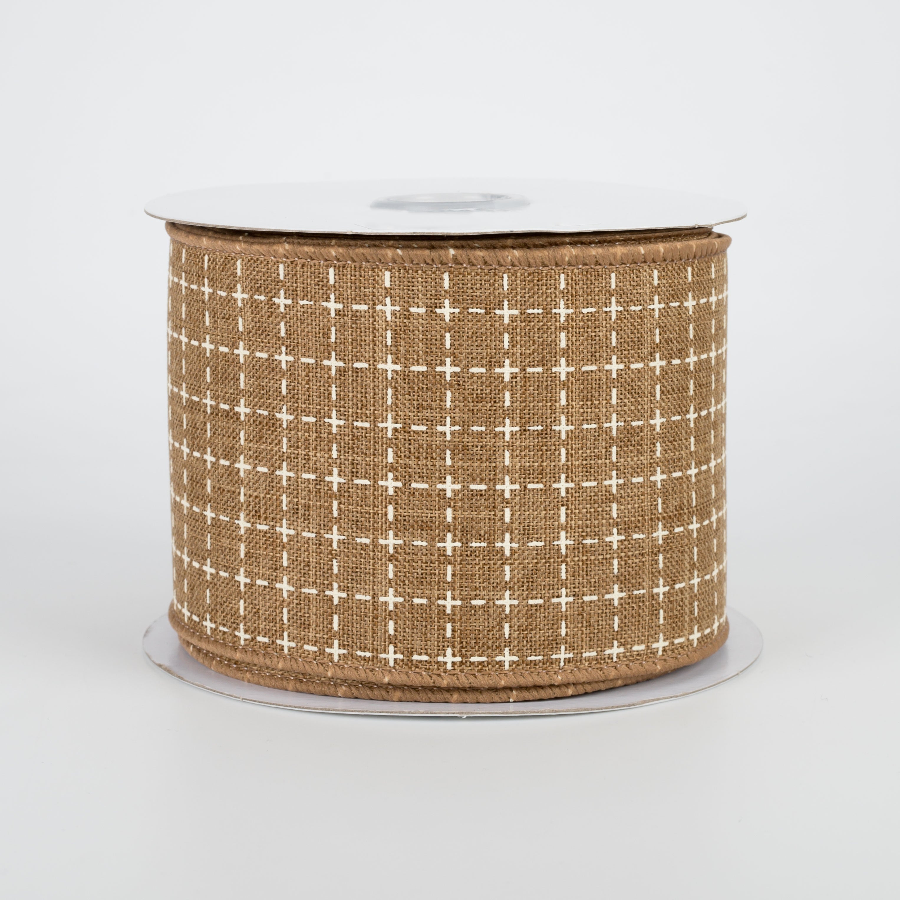 2.5" Stitched Squares Ribbon: Tan & Cream (10 Yards)