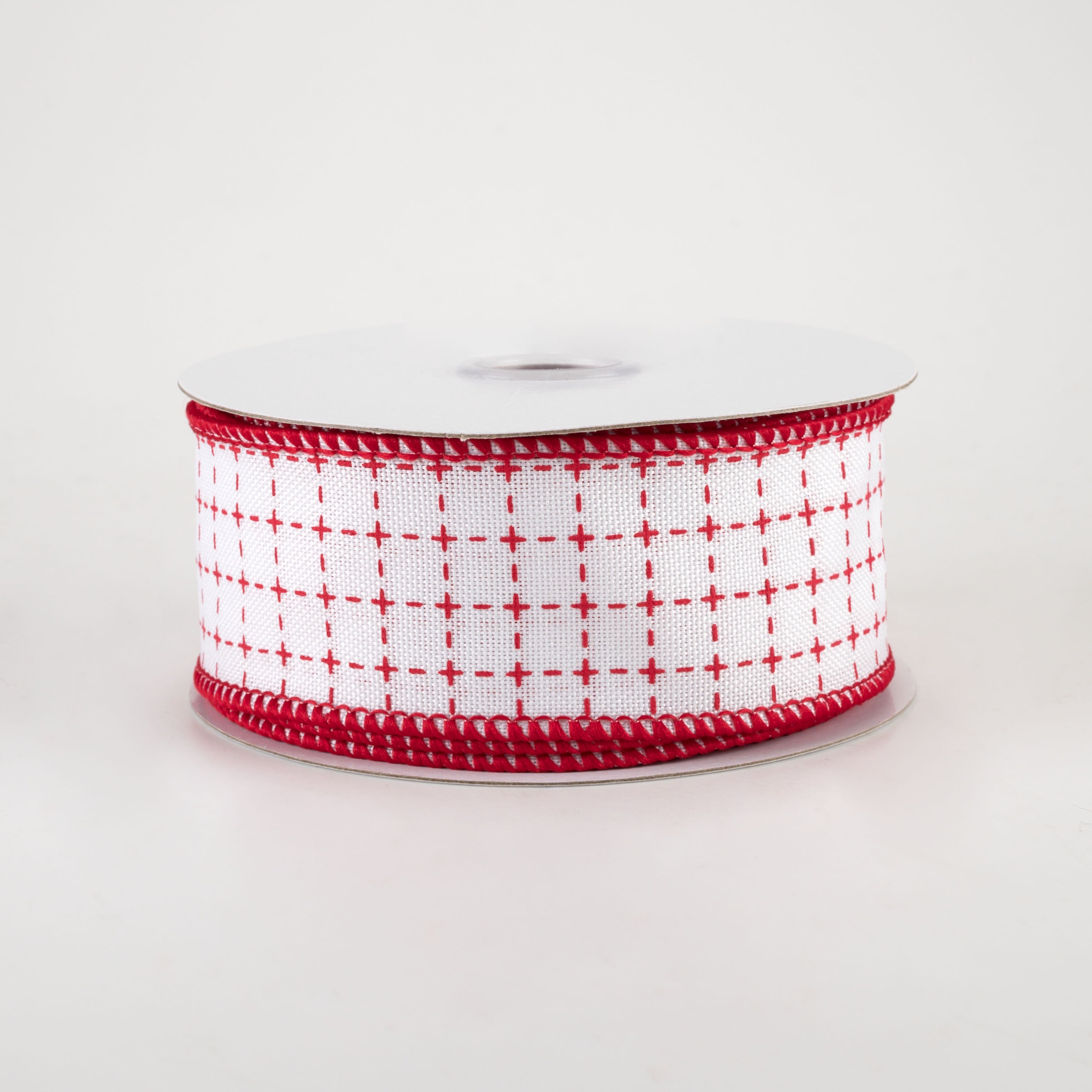 1.5" Stitched Squares Ribbon: White & Red (10 Yards)