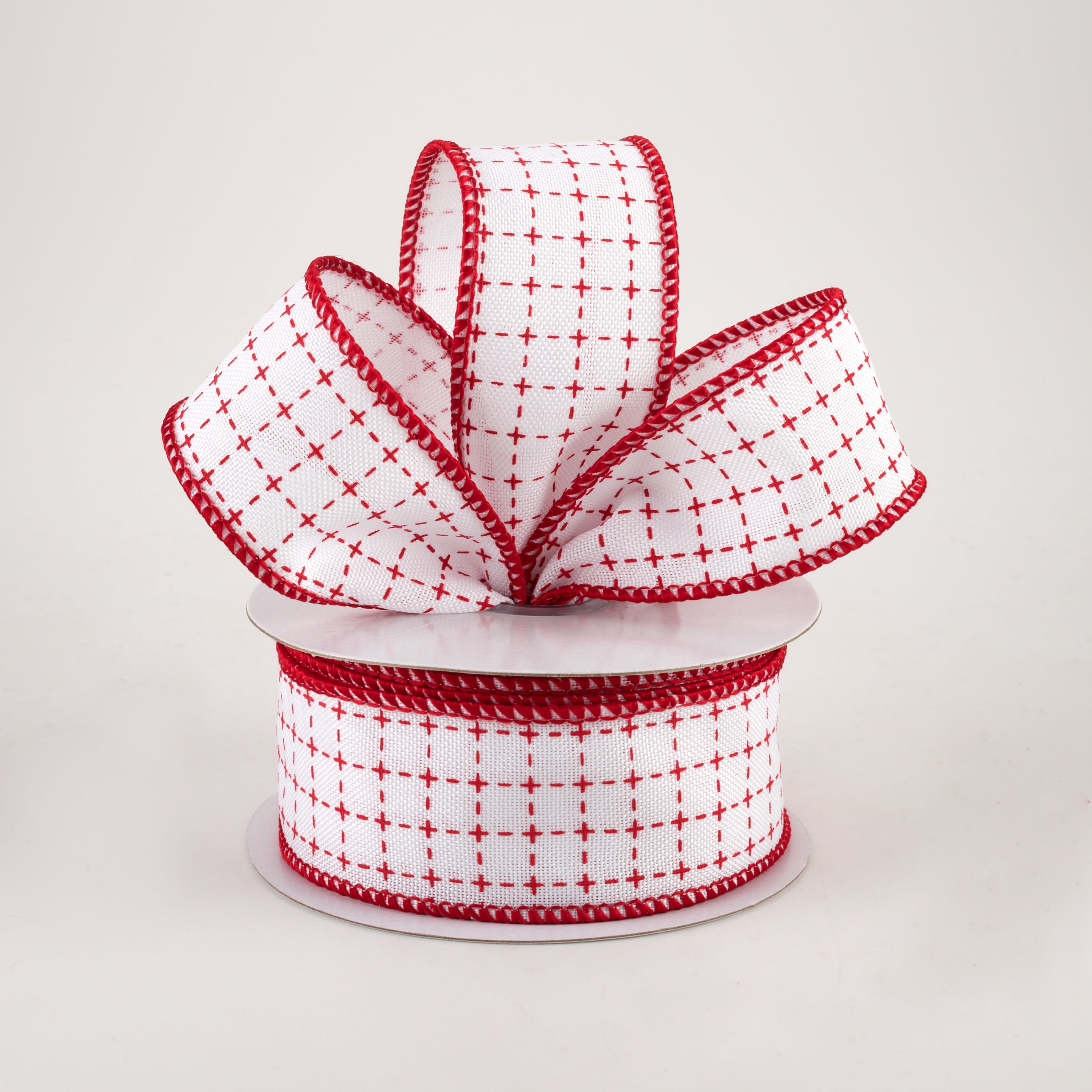 1.5" Stitched Squares Ribbon: White & Red (10 Yards) Lifestyle Photo
