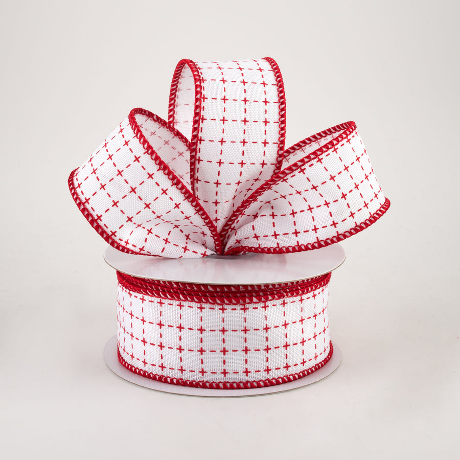 1.5" Stitched Squares Ribbon: White & Red (10 Yards) Lifestyle Photo