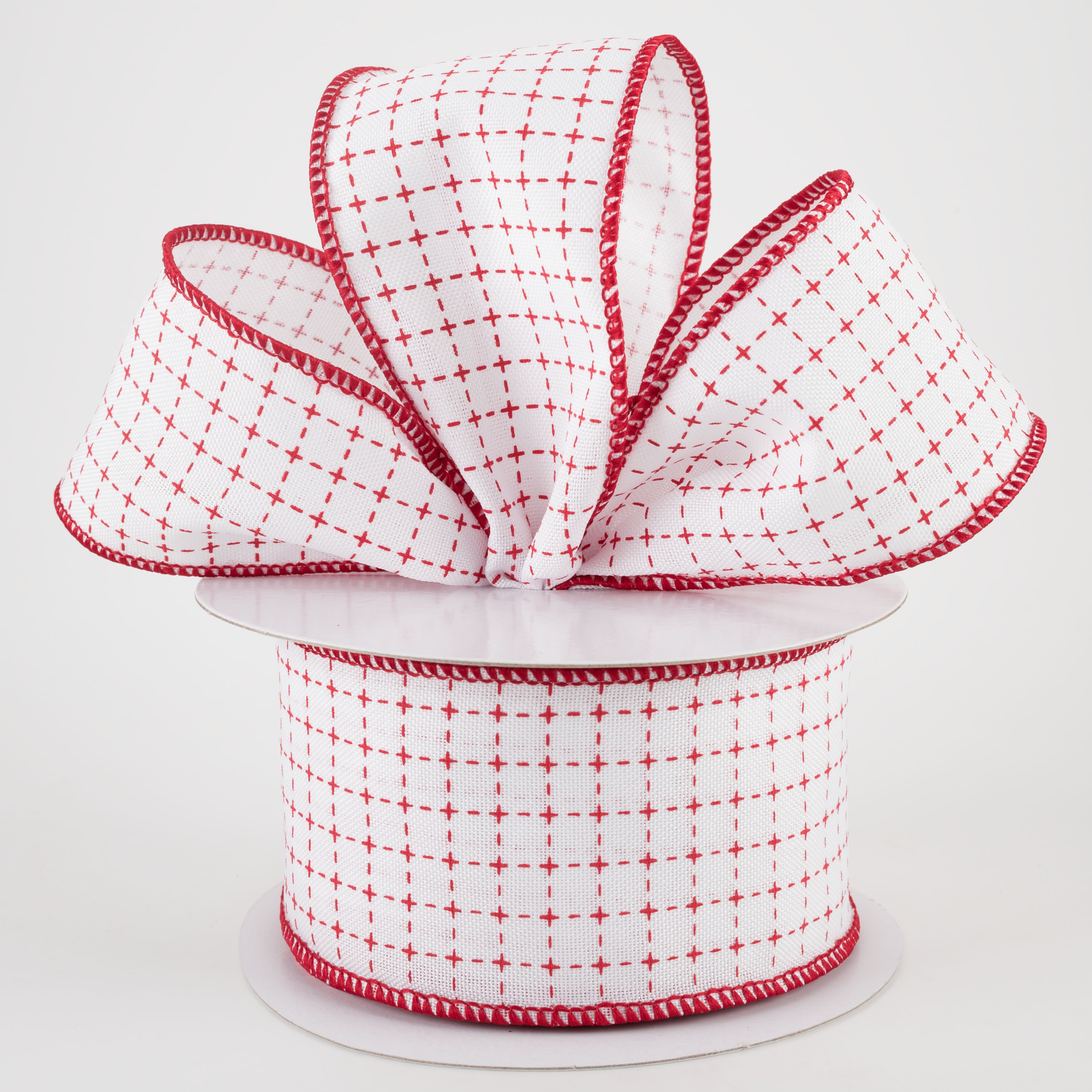 2.5" Stitched Squares Ribbon: White & Red (10 Yards) Lifestyle Photo