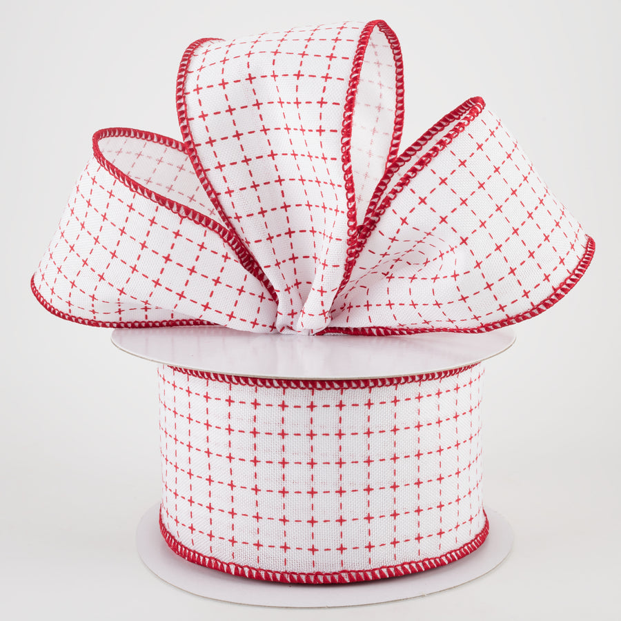 2.5" Stitched Squares Ribbon: White & Red (10 Yards) Lifestyle Photo