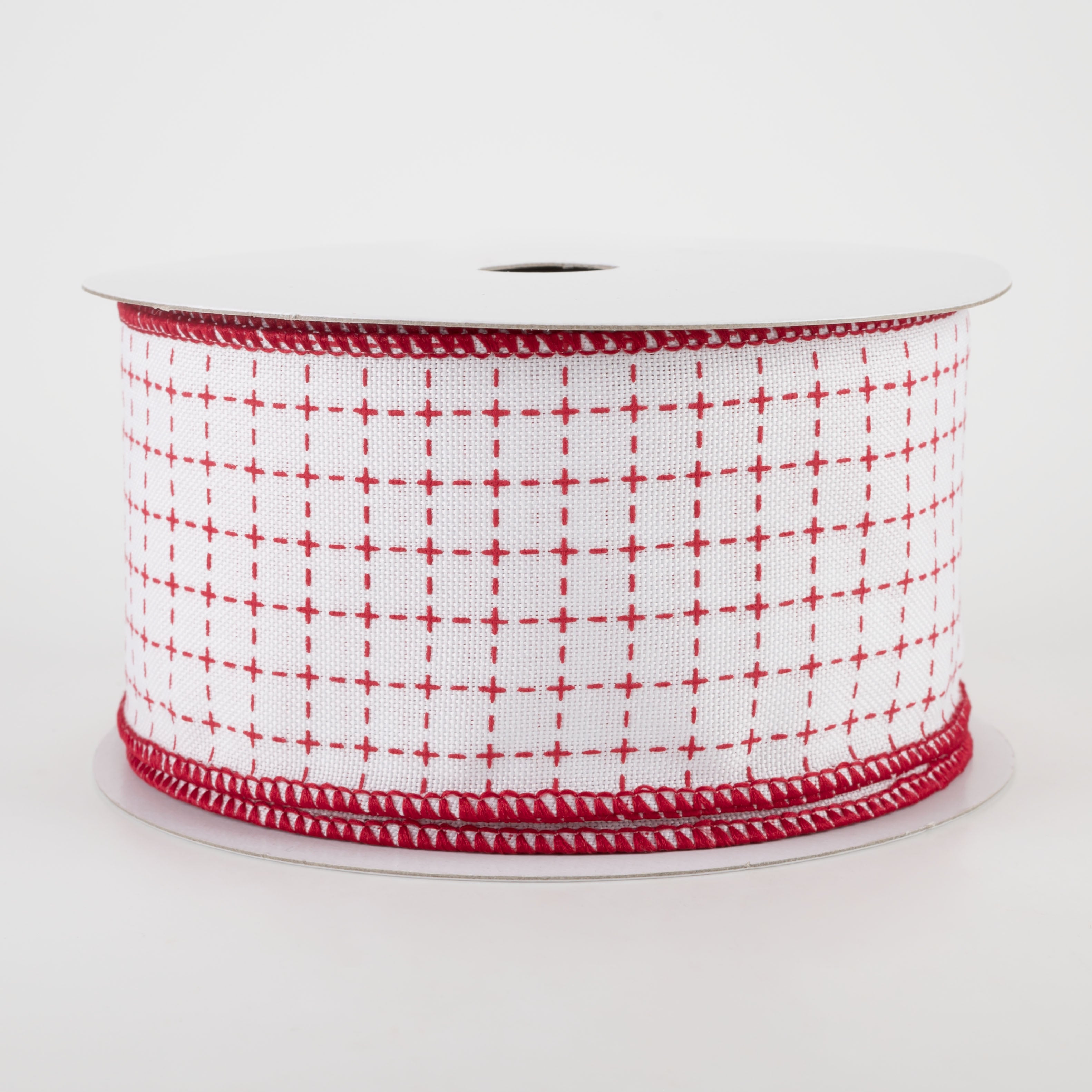 2.5" Stitched Squares Ribbon: White & Red (10 Yards)