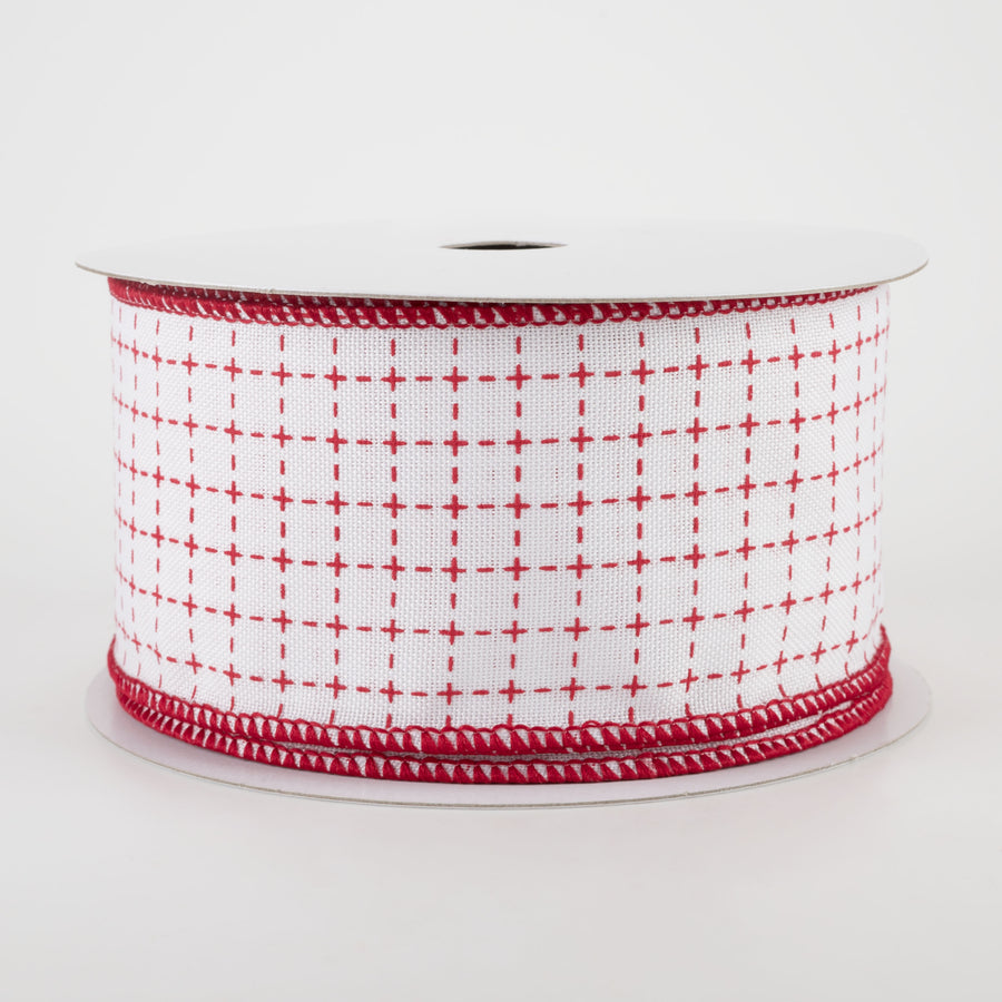 2.5" Stitched Squares Ribbon: White & Red (10 Yards)