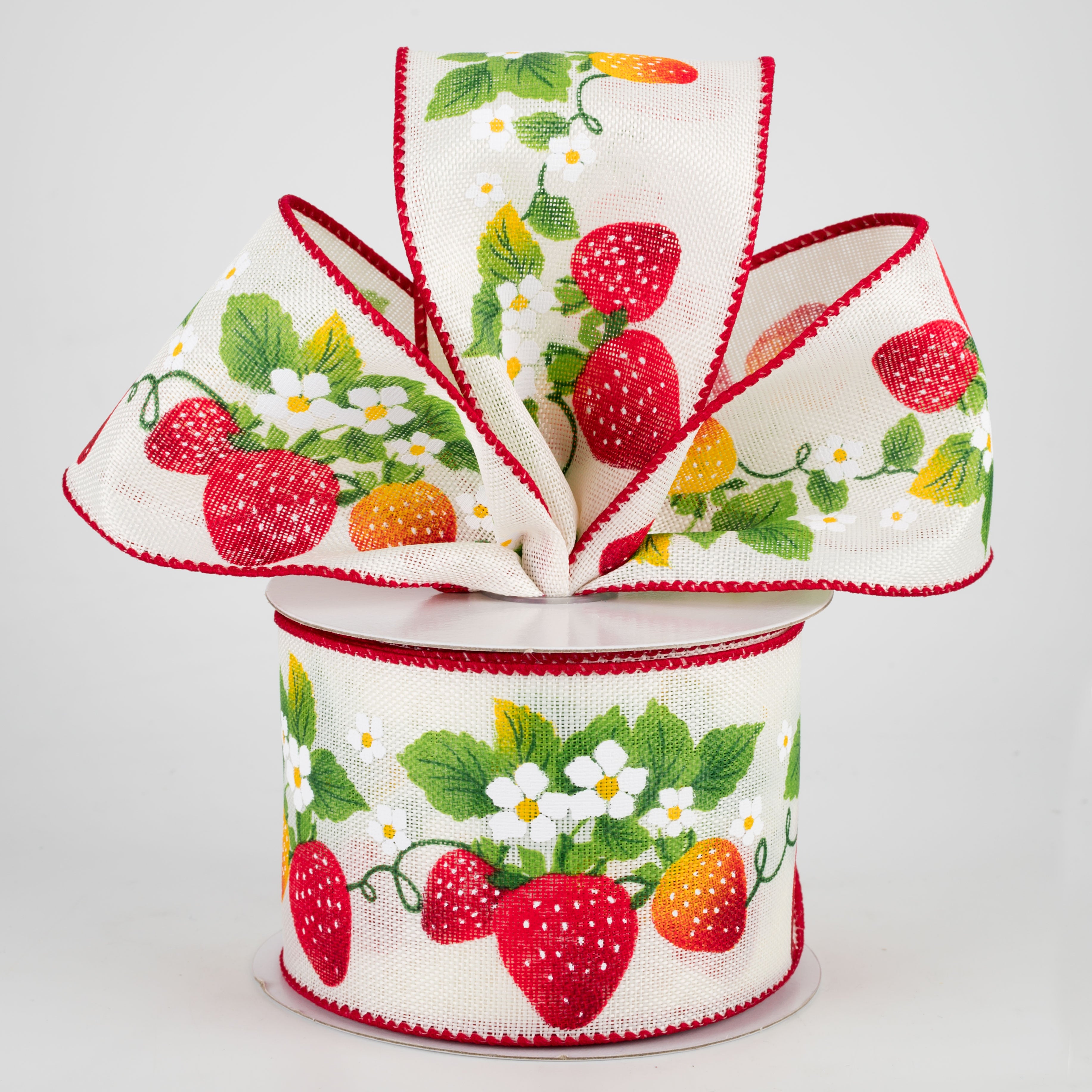 2.5" Strawberries Flowers Ribbon: White (10 Yards) Lifestyle Photo