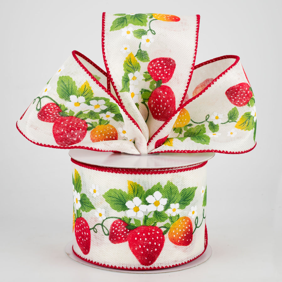 2.5" Strawberries Flowers Ribbon: White (10 Yards) Lifestyle Photo