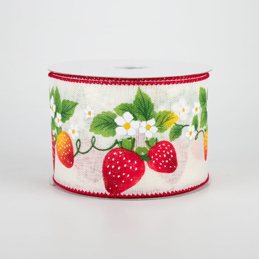 2.5" Strawberries Flowers Ribbon: White (10 Yards)