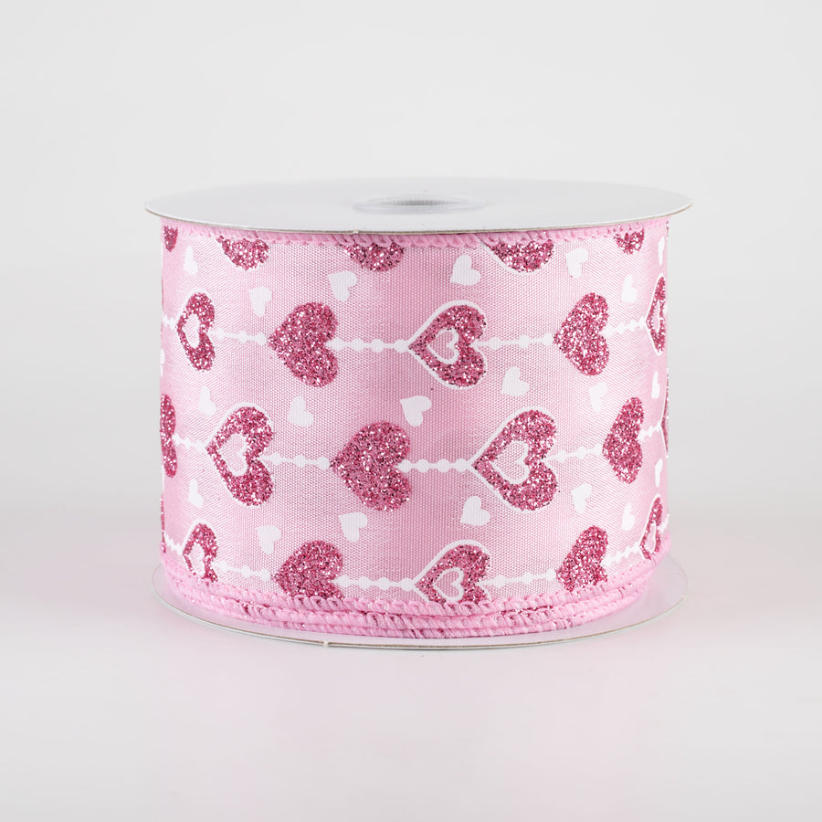 2.5" String Glitter Hearts Satin Ribbon: Pink (10 Yards) Item Number: 11401-40-03