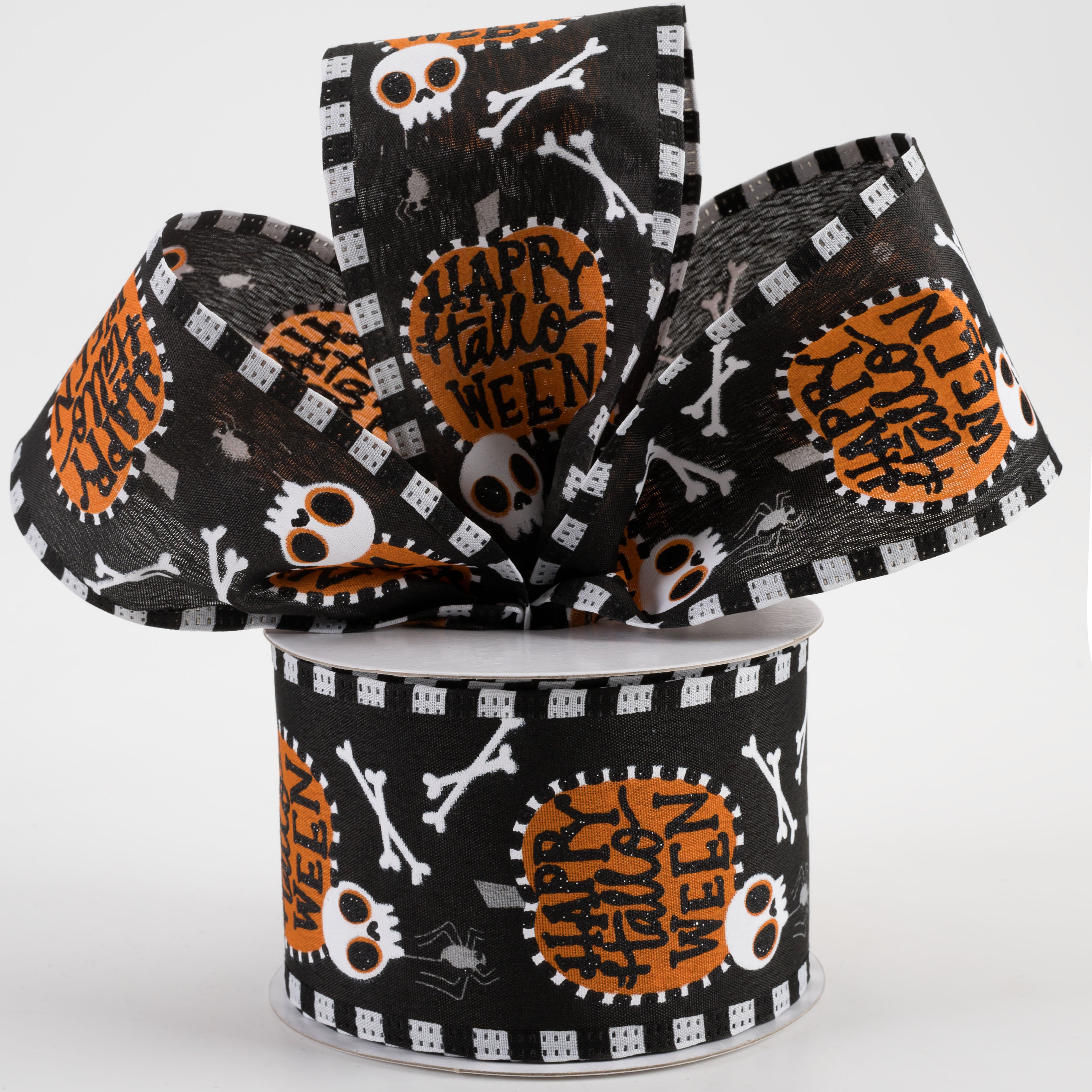 2.5" Stripe Edge Happy Halloween Pumpkin Skull Ribbon: Black (10 Yards) Lifestyle Photo