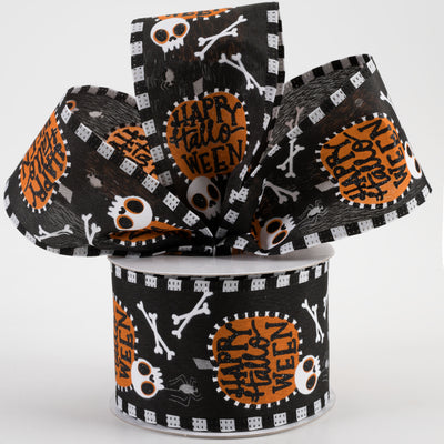 2.5" Stripe Edge Happy Halloween Pumpkin Skull Ribbon: Black (10 Yards) Lifestyle Photo
