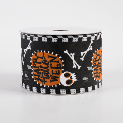 2.5" Stripe Edge Happy Halloween Pumpkin Skull Ribbon: Black (10 Yards) Item Number: 55312-40-21