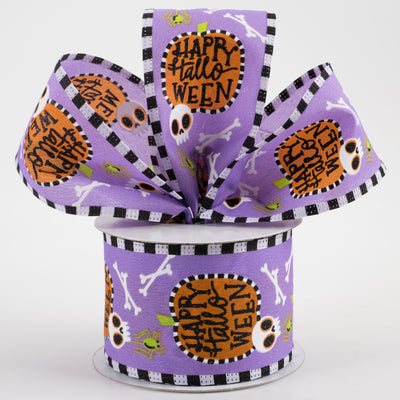 2.5" Stripe Edge Happy Halloween Pumpkin Skull Ribbon: Purple (10 Yards) Lifestyle Photo