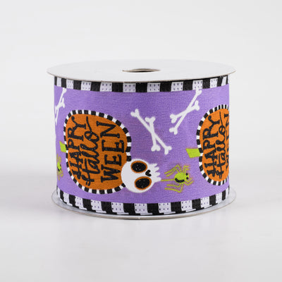 2.5" Stripe Edge Happy Halloween Pumpkin Skull Ribbon: Purple (10 Yards)