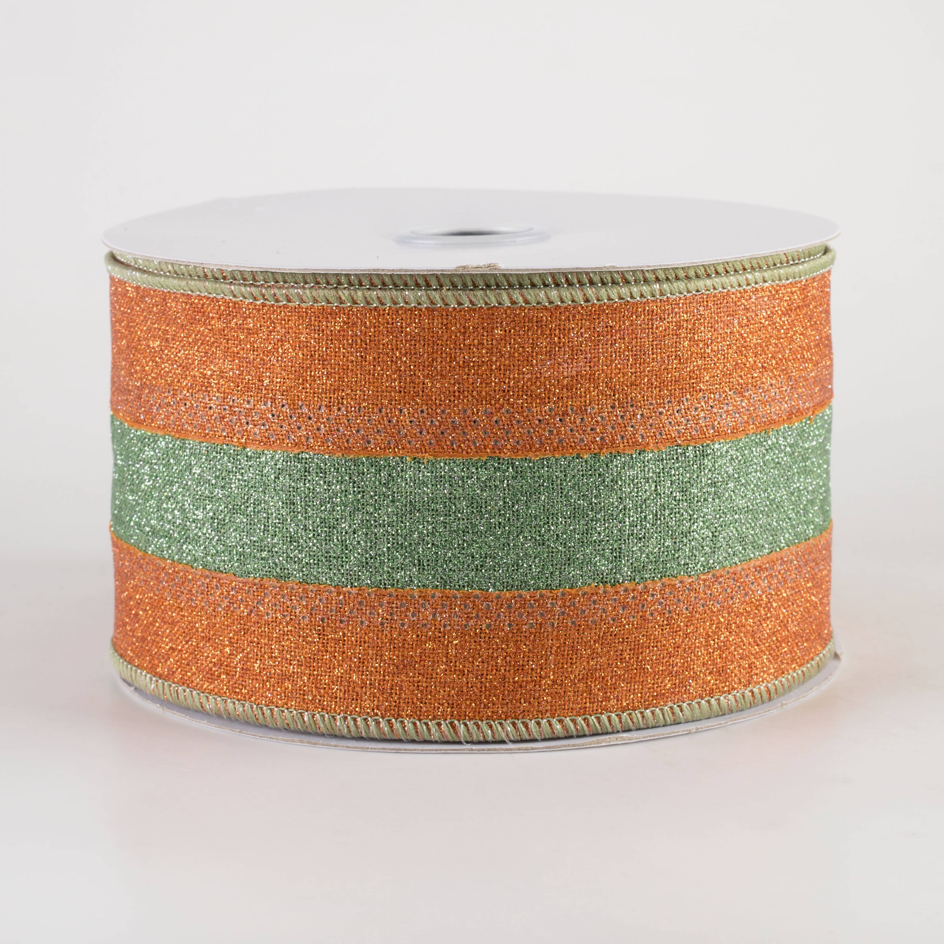 2.5" Stripe Fine Glitter on Royal Ribbon: Pumpkin Orange & Sage Green (10 Yards) Item Number: RGC8118X2