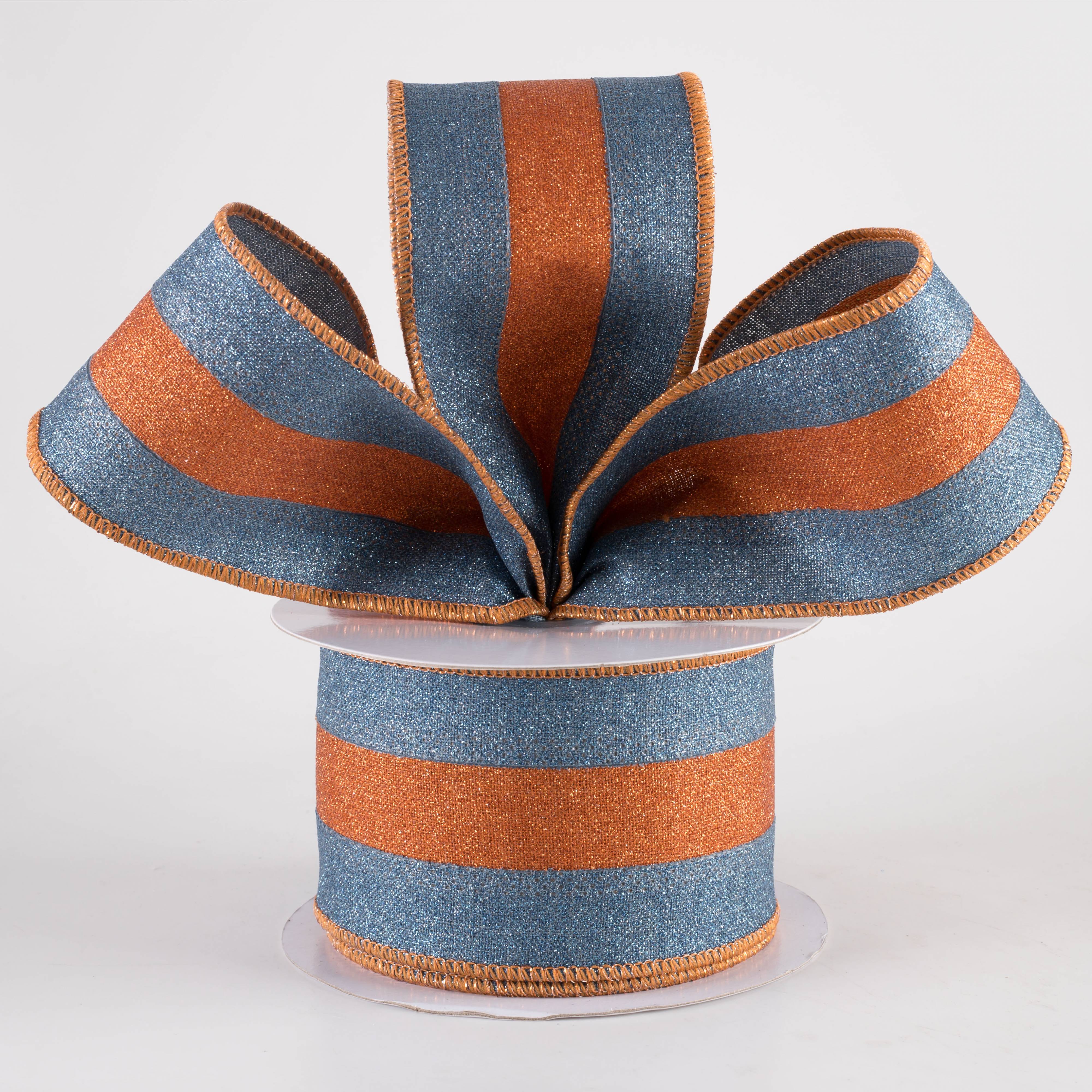 2.5" Stripe Fine Glitter on Royal Ribbon: Smoke Blue & Pumpkin Orange (10 Yards) Lifestyle Photo