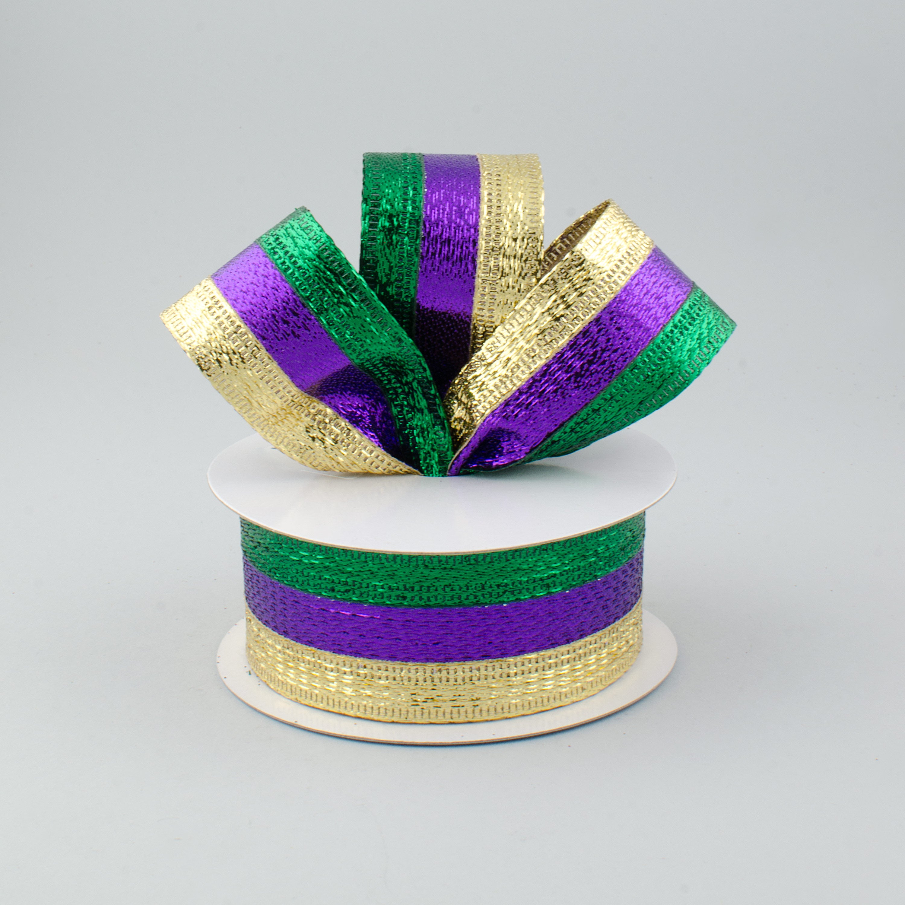 1.5" Stripe Metallic Lamé Ribbon: Purple, Green & Gold (10 Yards) Lifestyle Photo