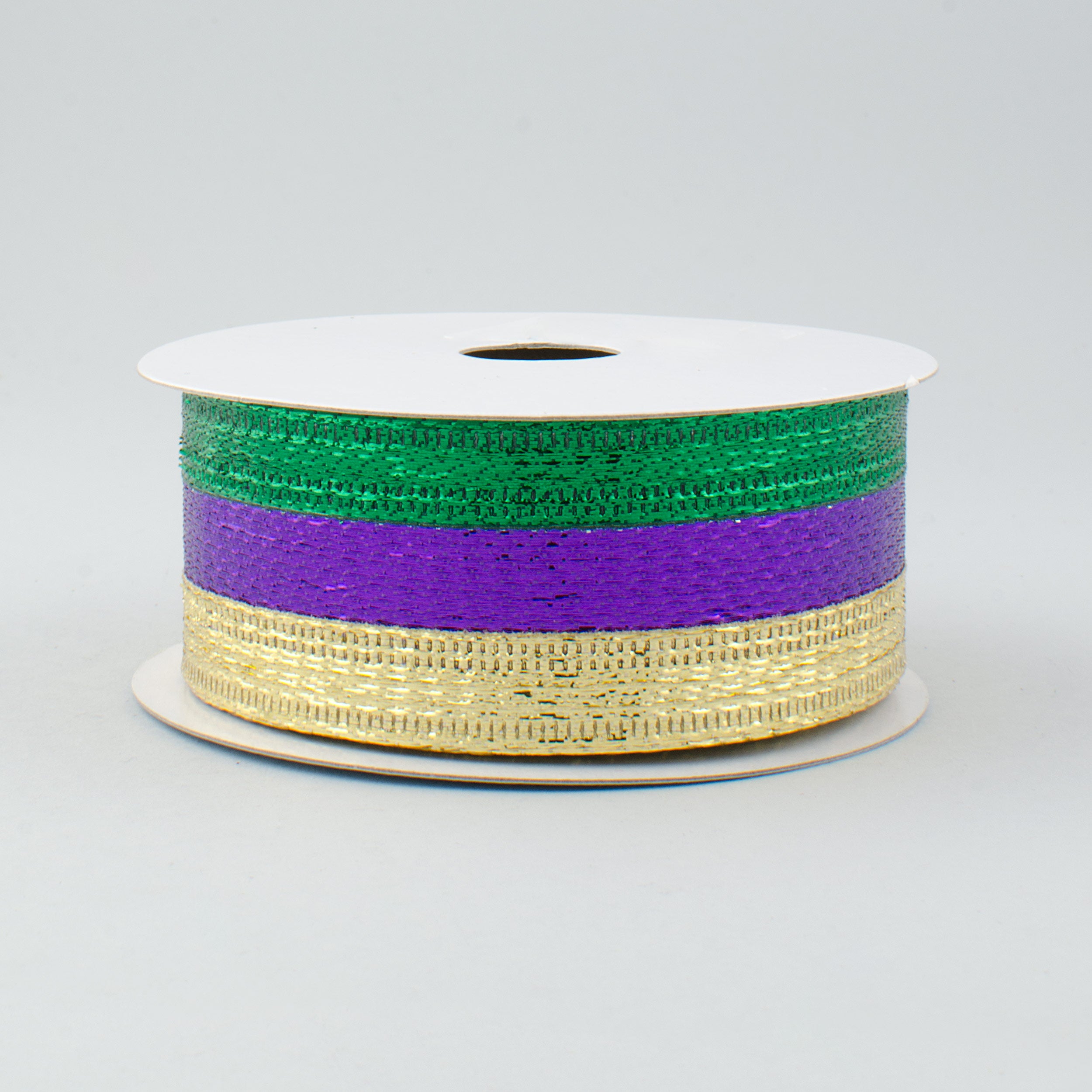 1.5" Stripe Metallic Lamé Ribbon: Purple, Green & Gold (10 Yards)