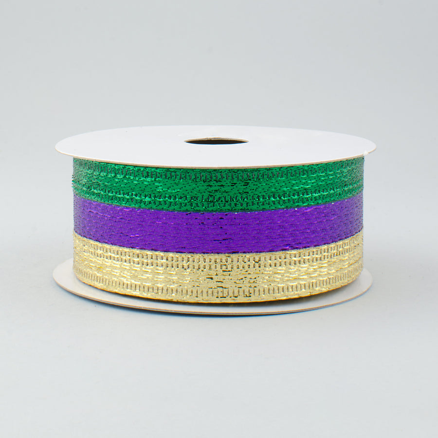 1.5" Stripe Metallic Lamé Ribbon: Purple, Green & Gold (10 Yards)